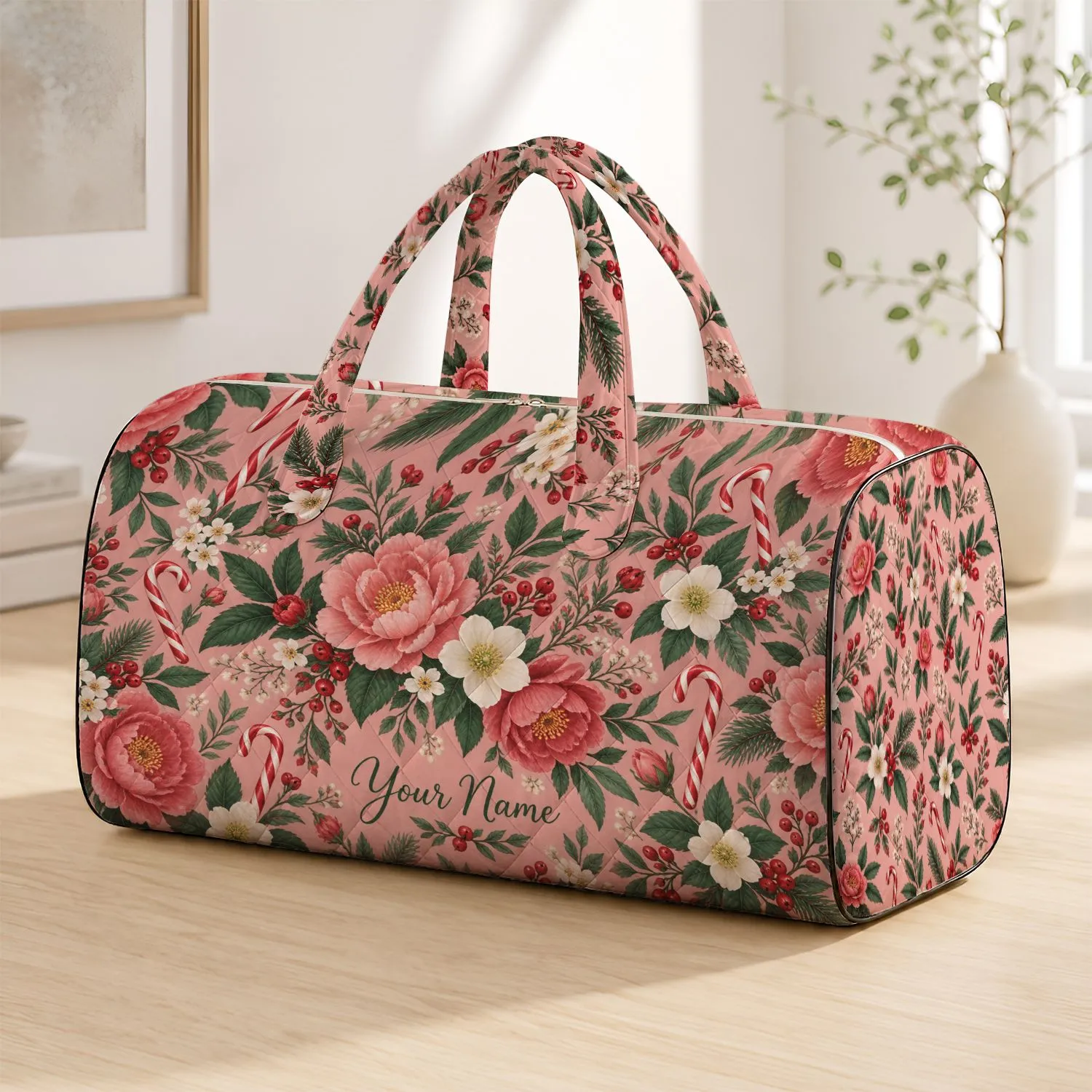 Blush Rose Blossoms And Candy Canes For Romantic Winter Getaways And Holiday Travel Quilted Weekend Bag - 1