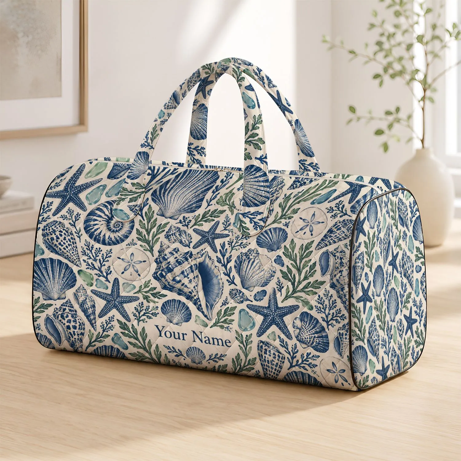 Indigo Seashells, Starfish and Harbor Shells for Coastal Beach Getaways and Summer Travel Quilted Weekend Bag - 1