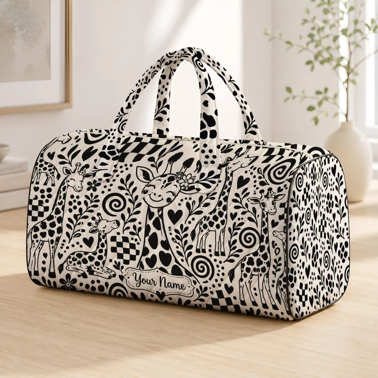Black And Ivory Giraffe Doodles For Playful Travel And Everyday Weekend Getaways Quilted Weekend Bag - 1