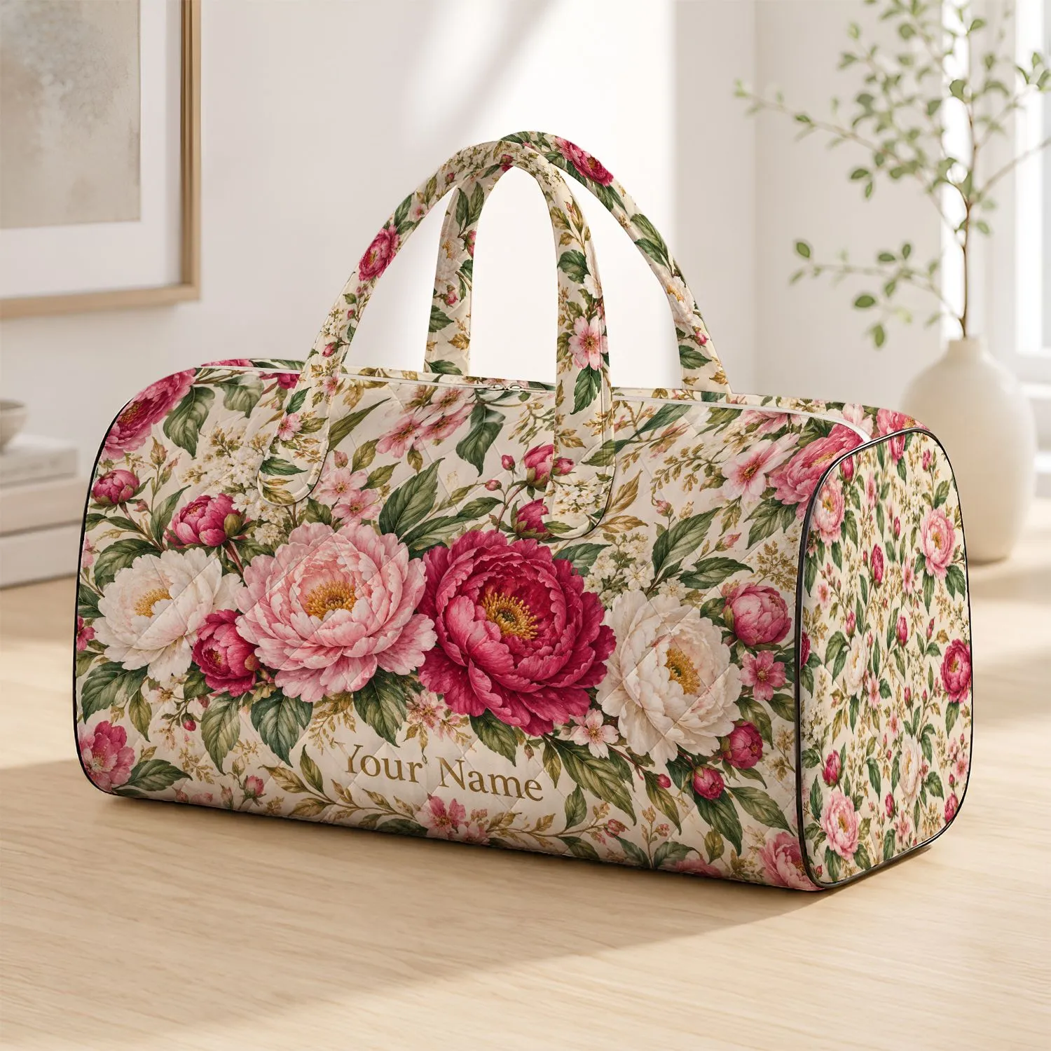 Blush Peony and Sage Florals for Weekend Getaways, Beach Days and Everyday Travel Quilted Weekend Bag - 1