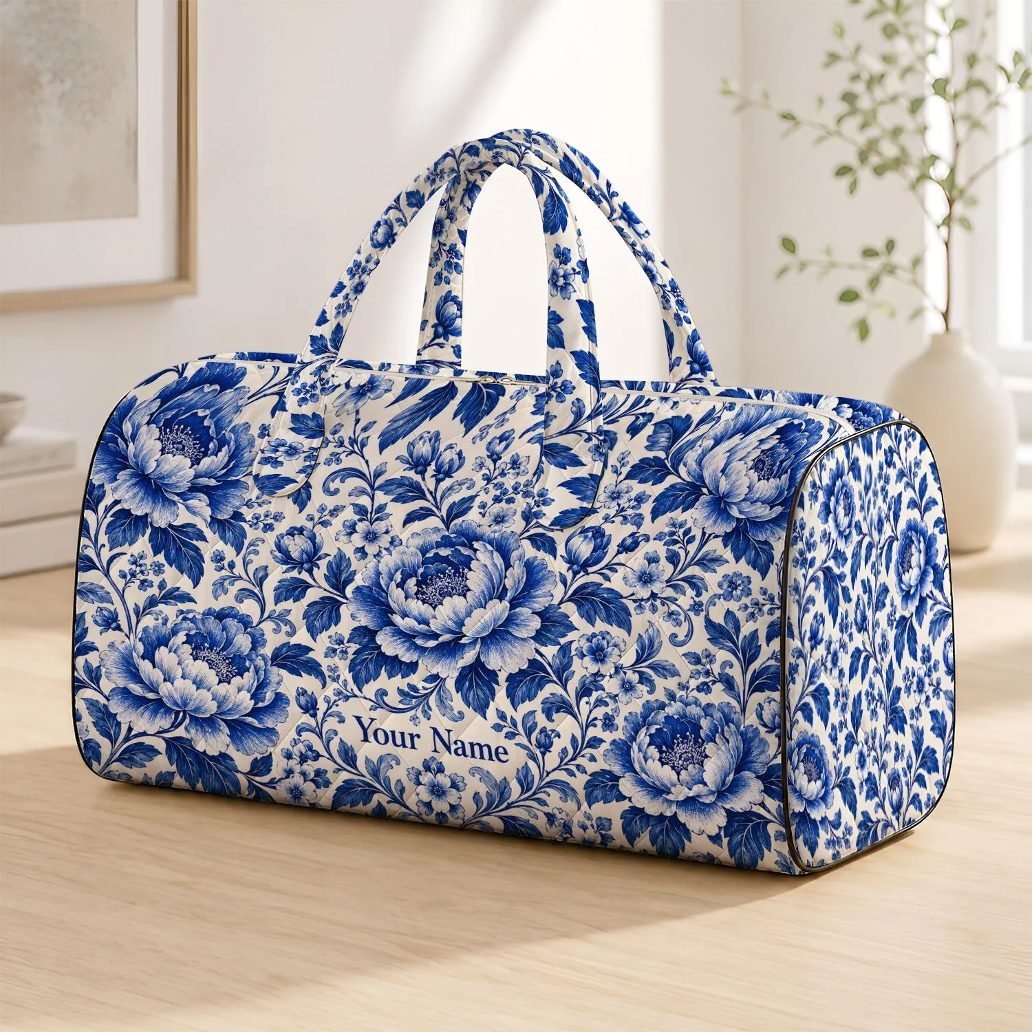 Cobalt Blue Peony Florals and Leaf Scrolls for Elegant Weekend Travel and Getaways Quilted Weekend Bag - 1