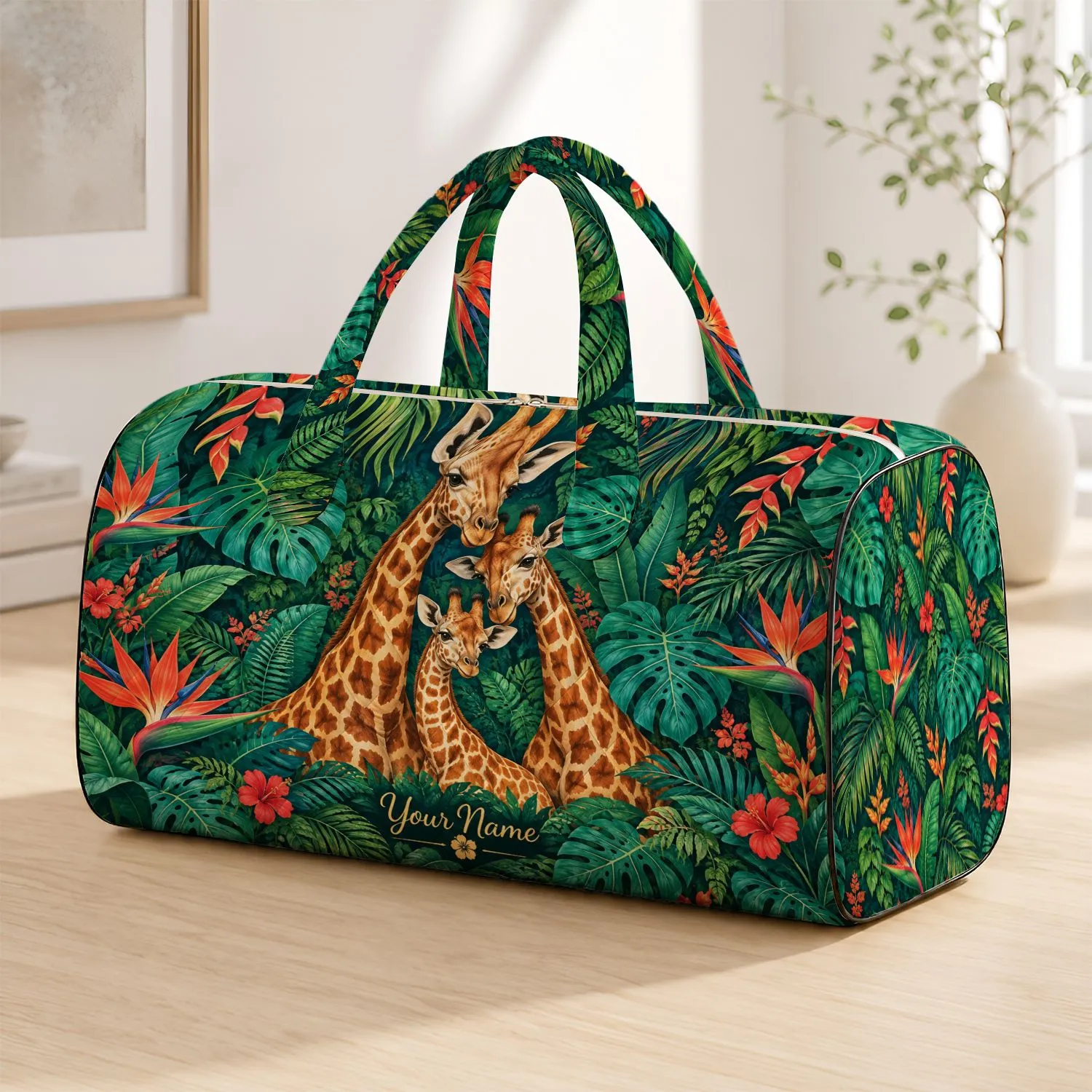 Golden Giraffes Amid Tropical Monstera Leaves for Rainforest Getaways and Nature Lovers Quilted Weekend Bag - 1