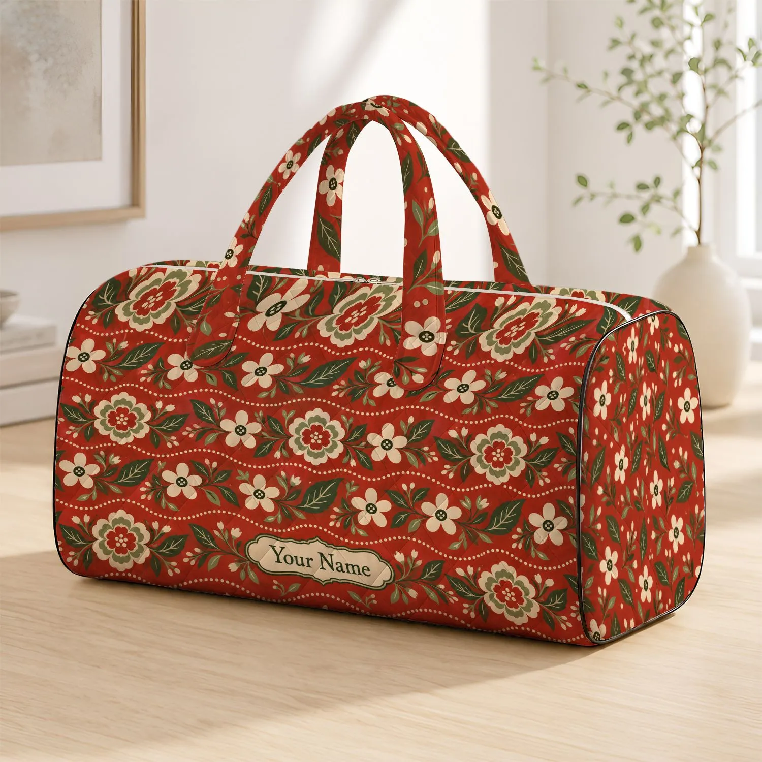 Terracotta Daisy And Olive Leaf Rows For Relaxed Weekend Getaways And Garden Lovers Quilted Weekend Bag - 1
