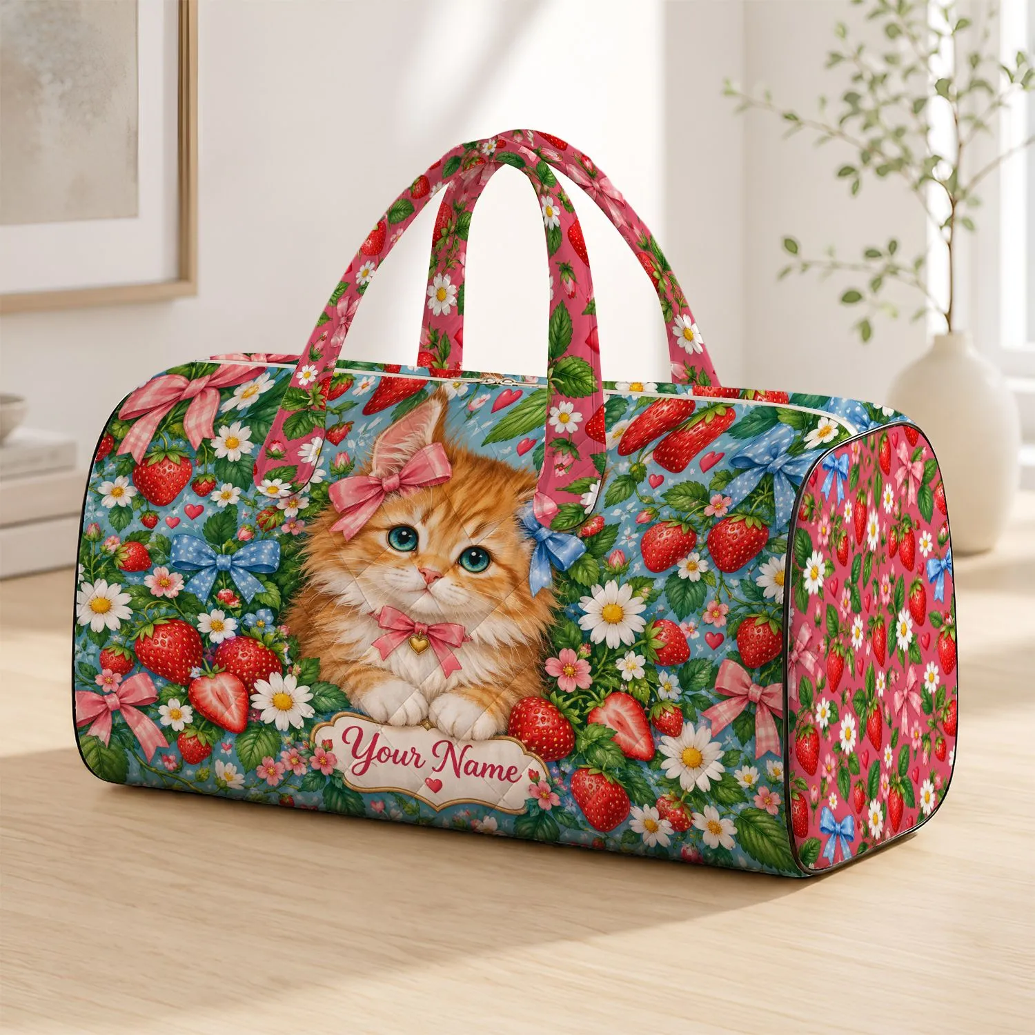 Sweet Strawberry Kitten with Floral Bows for Springtime Getaways and Gift Giving Quilted Weekend Bag - 1