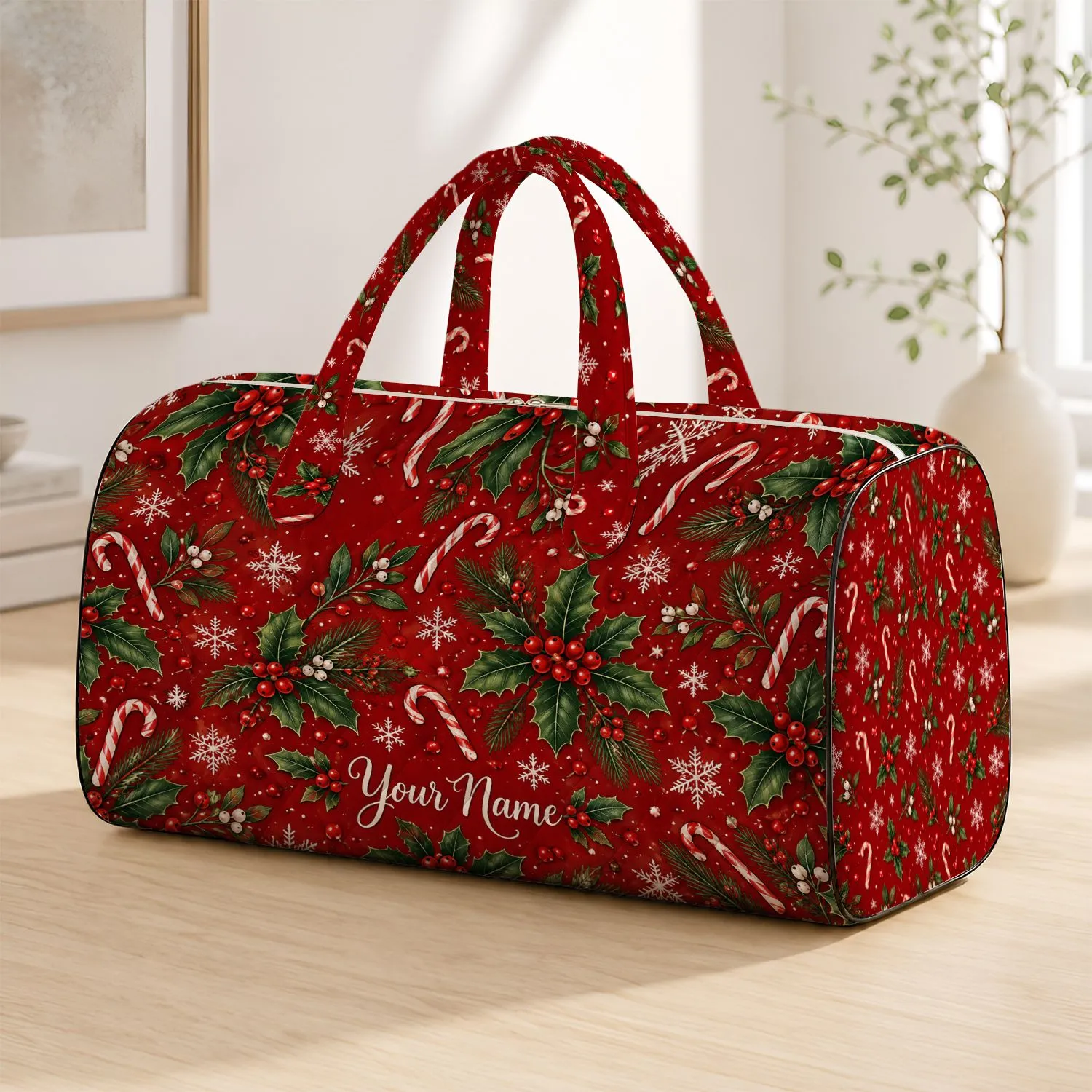 Red Holly, Candy Cane and Snowflake Motifs for Festive Christmas Holiday Getaways Quilted Weekend Bag - 1