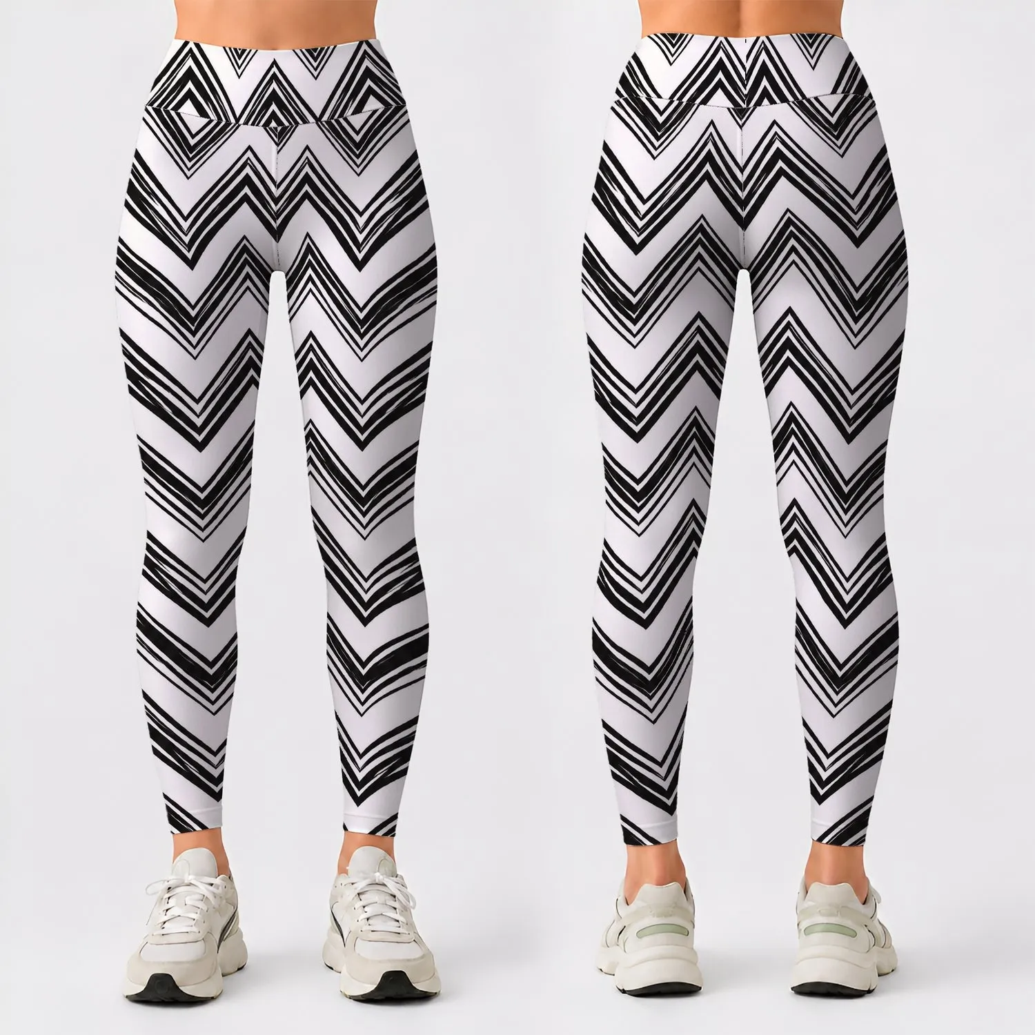 Monochrome Hand-Drawn Zigzag Style for Yoga, Pilates, and Everyday Wear for Women Leggings - 1