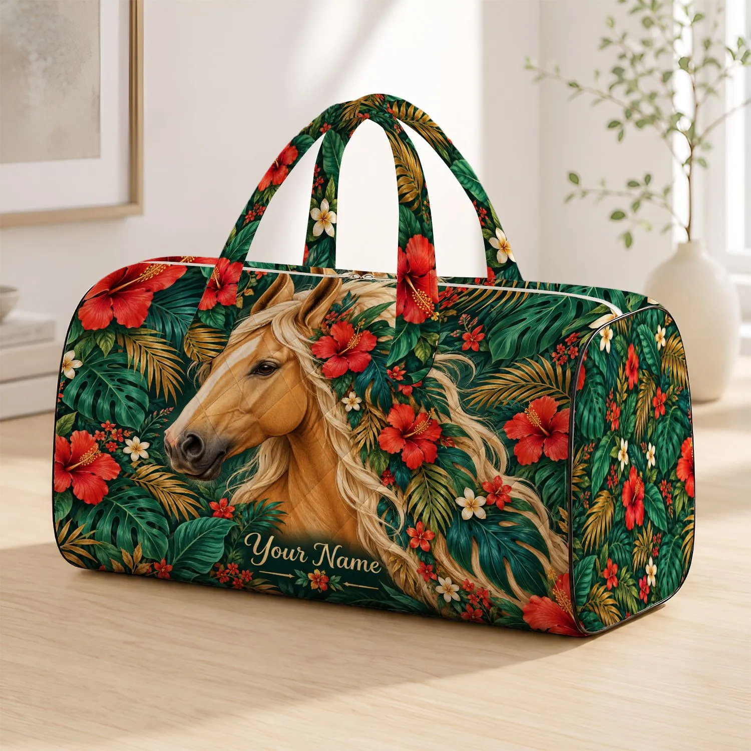 Palomino Horse with Tropical Hibiscus and Leaf Mane for Relaxed Island Travel Escapes Quilted Weekend Bag - 1