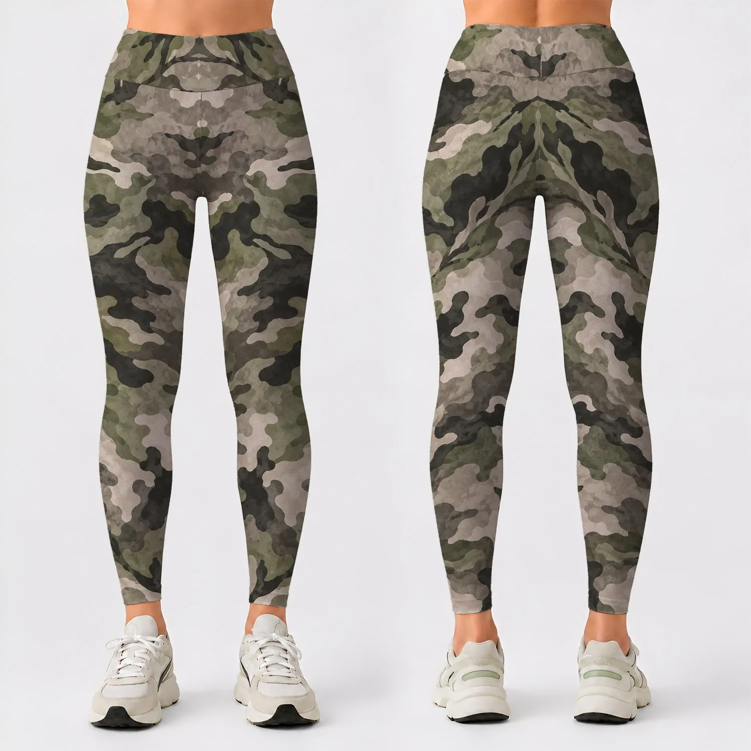 Olive Gray Woodland Camo for Yoga, Pilates, and Everyday Active Lifestyle Wear Leggings - 1
