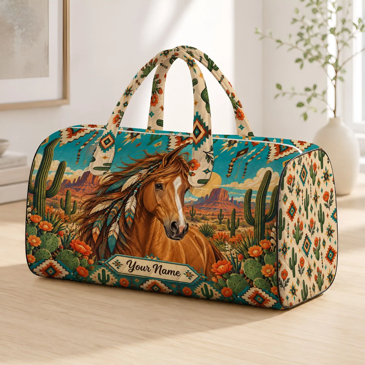 Golden Horse and Desert Cactus Blooms for Memorable Southwestern Escape Adventures Quilted Weekend Bag - 1