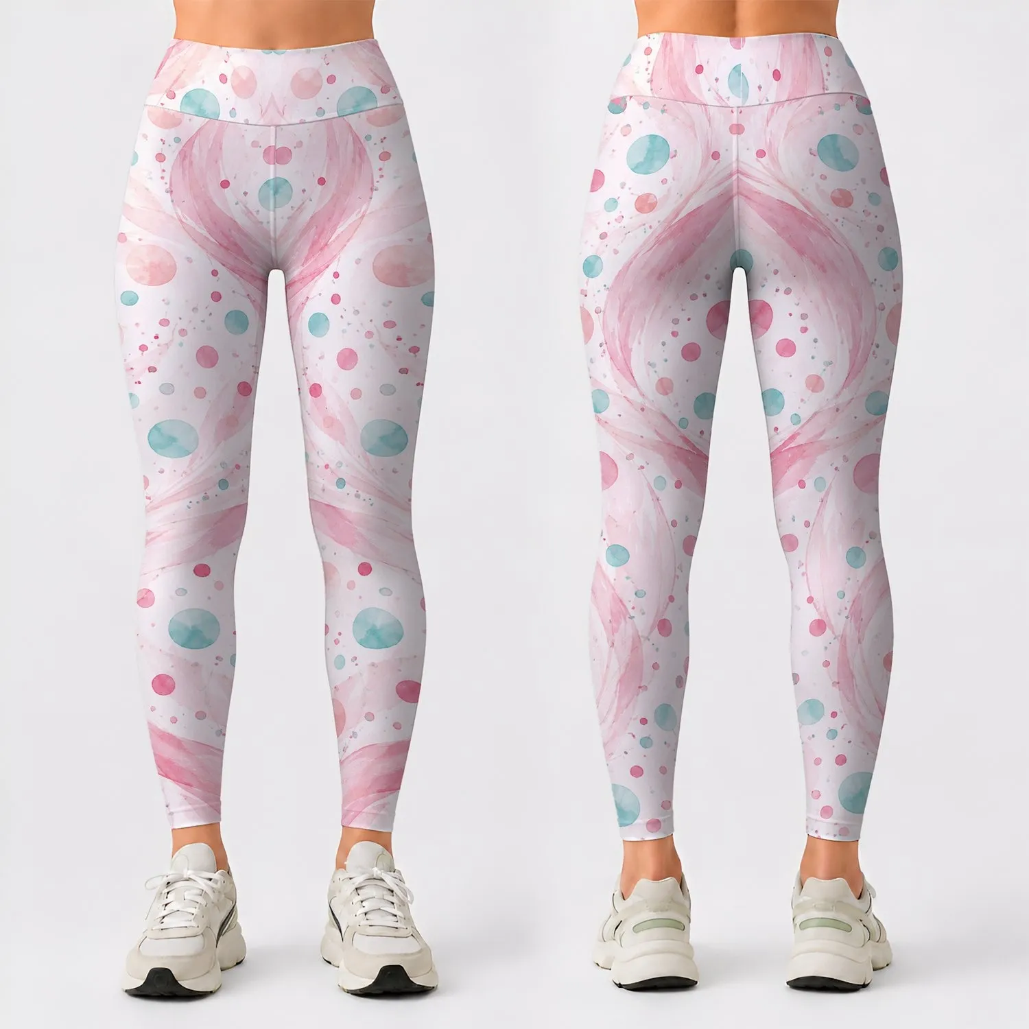 Soft Pink And Teal Polka Dots For Yoga, Pilates, And Everyday Casual Wear For Women Leggings - 1
