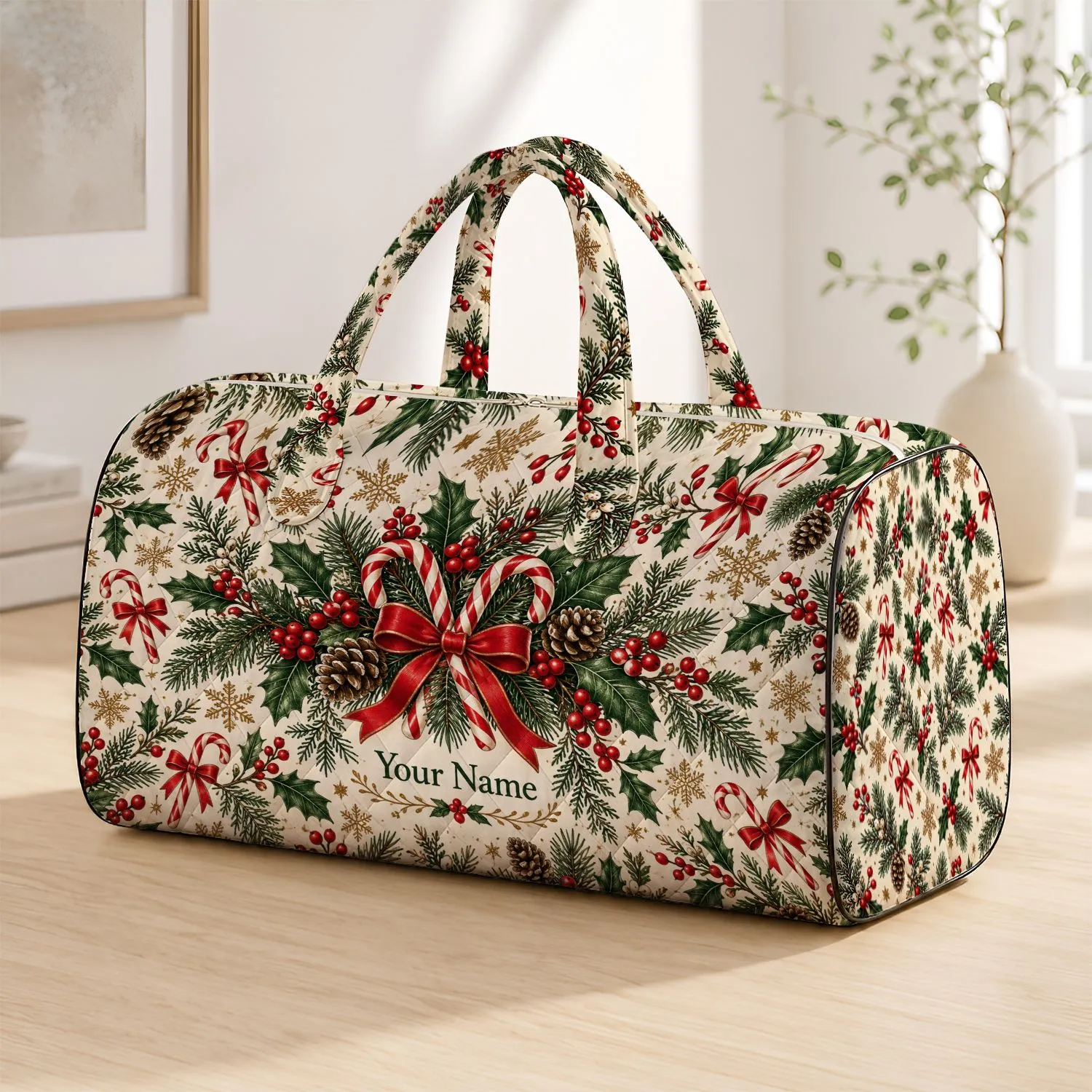 Winter Holly And Candy Cane Botanicals For Cozy Festive Holiday Travel Getaways Quilted Weekend Bag - 1