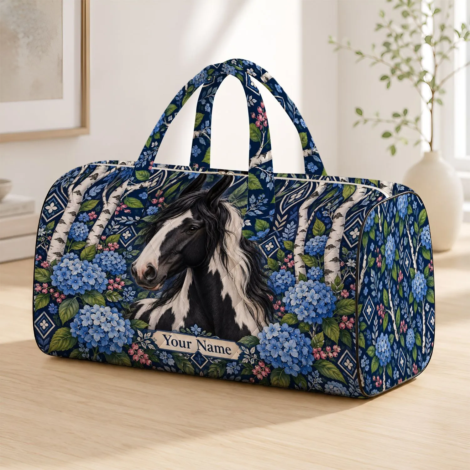 Black And White Horse With Blue Hydrangeas For Cottage Garden Getaways And Travel Quilted Weekend Bag - 1
