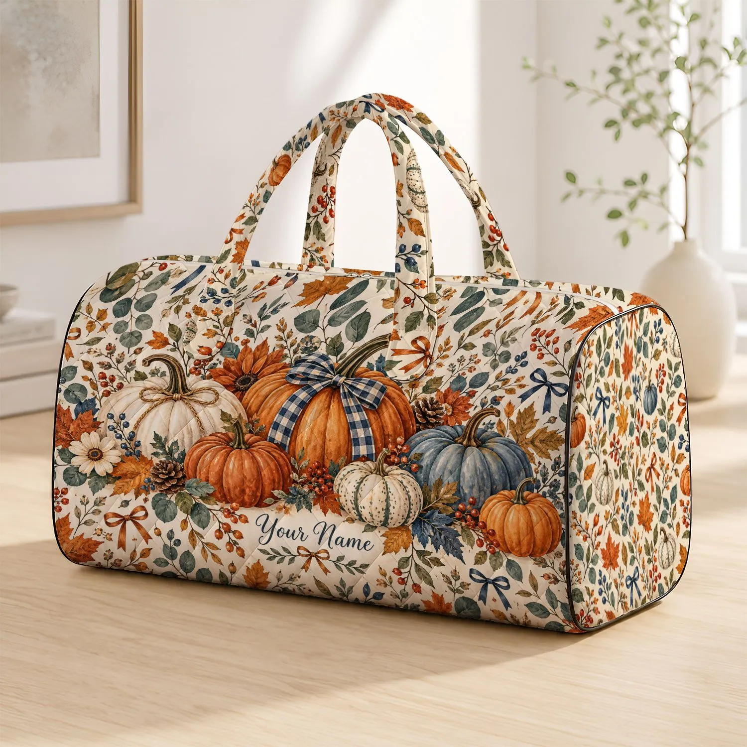 Watercolor Autumn Pumpkins Sage Foliage and Fine Bows for Cozy Seasonal Getaways Quilted Weekend Bag - 1