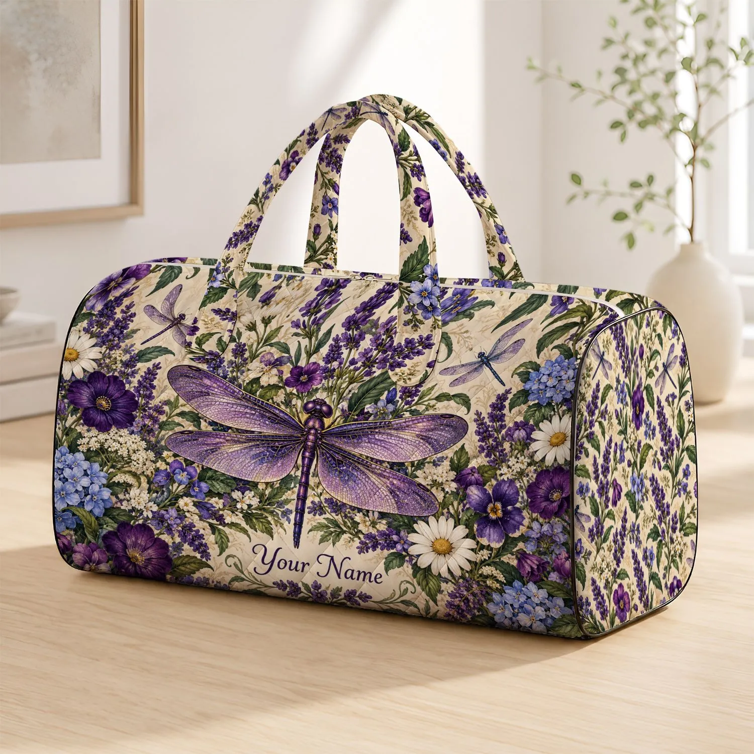 Purple Dragonflies and Wildflowers for Romantic Garden Escapes and Weekend Getaways Quilted Weekend Bag - 1