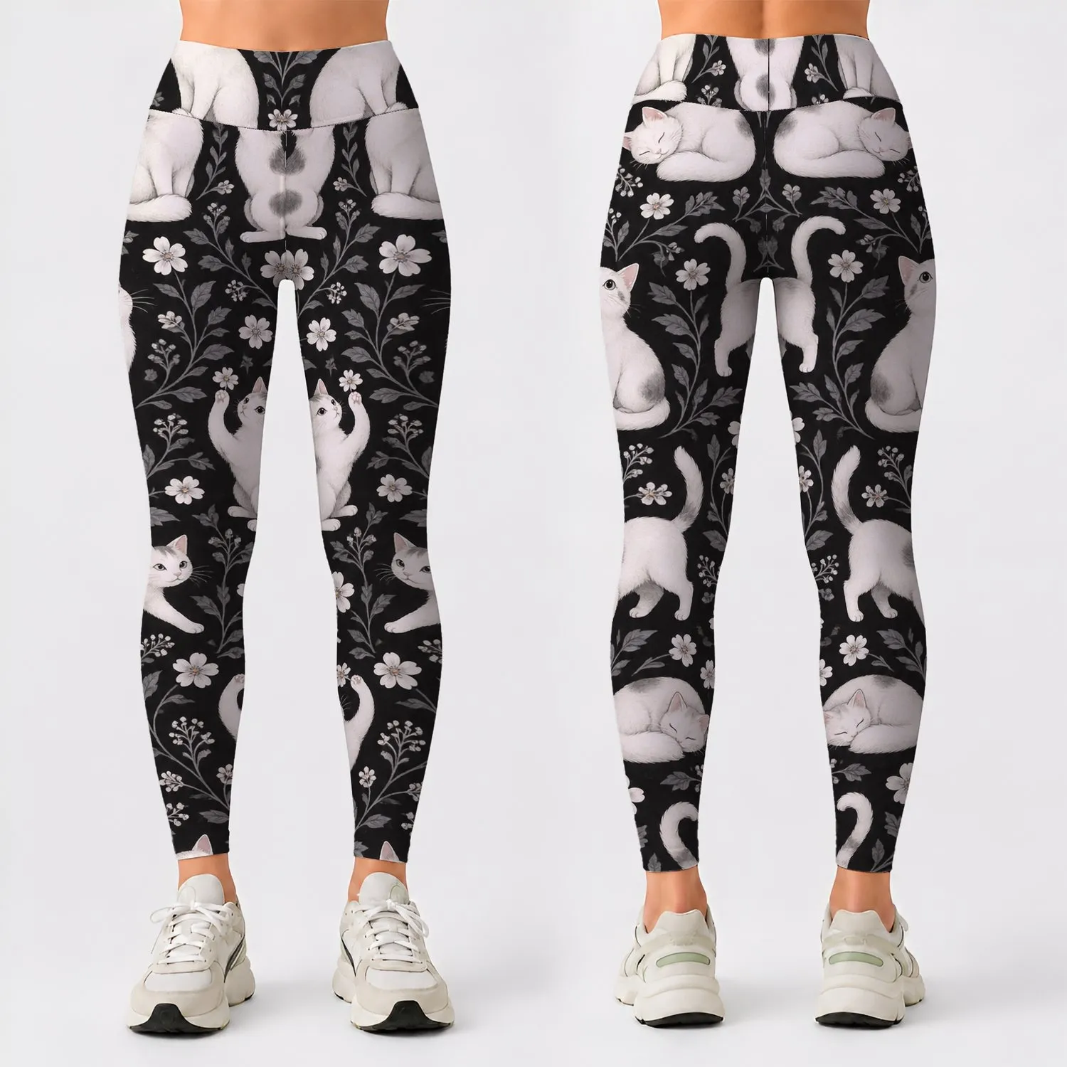 Playful White Cats on Charcoal for Yoga, Pilates, and Everyday City Adventures Leggings - 1