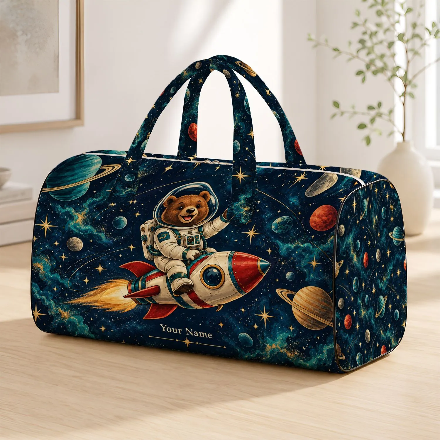 Astronaut Bear Among Golden Stars And Planets For Cosmic Travel And Family Adventures Quilted Weekend Bag - 1