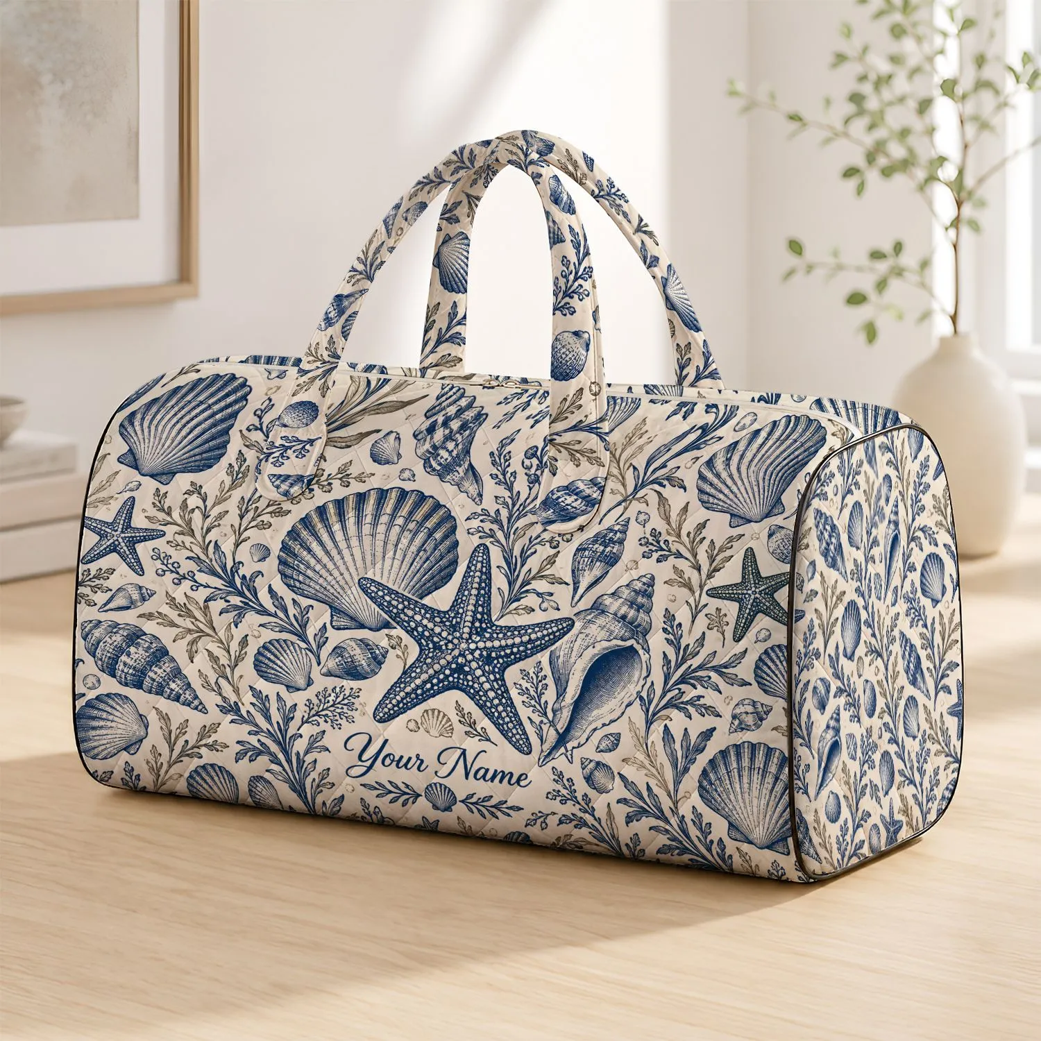 Navy Seashells And Starfish Motifs For Coastal Getaways And Relaxed Beachside Travel Quilted Weekend Bag - 1