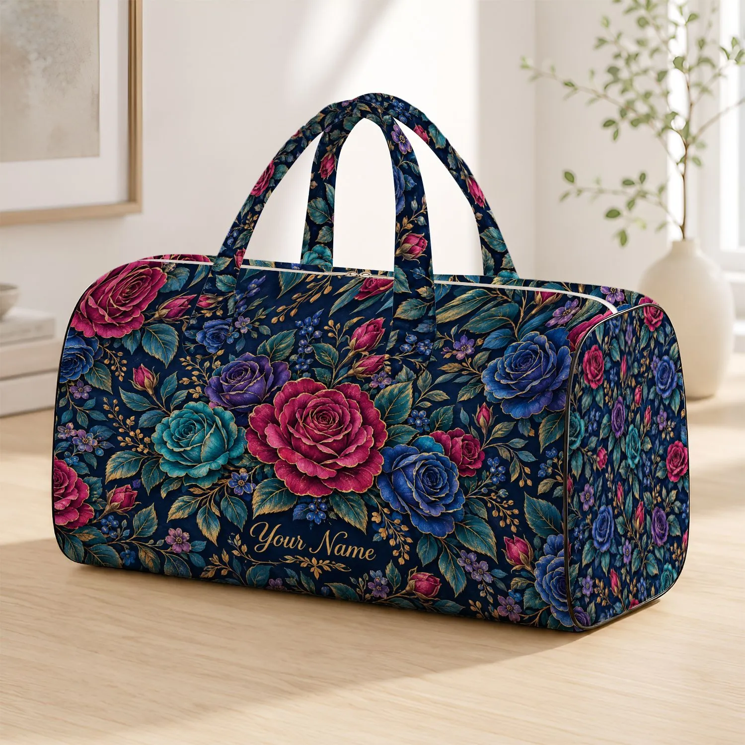 Jewel-Toned Rose and Gold Florals for Romantic Getaways and Weekend Escapes Quilted Weekend Bag - 1