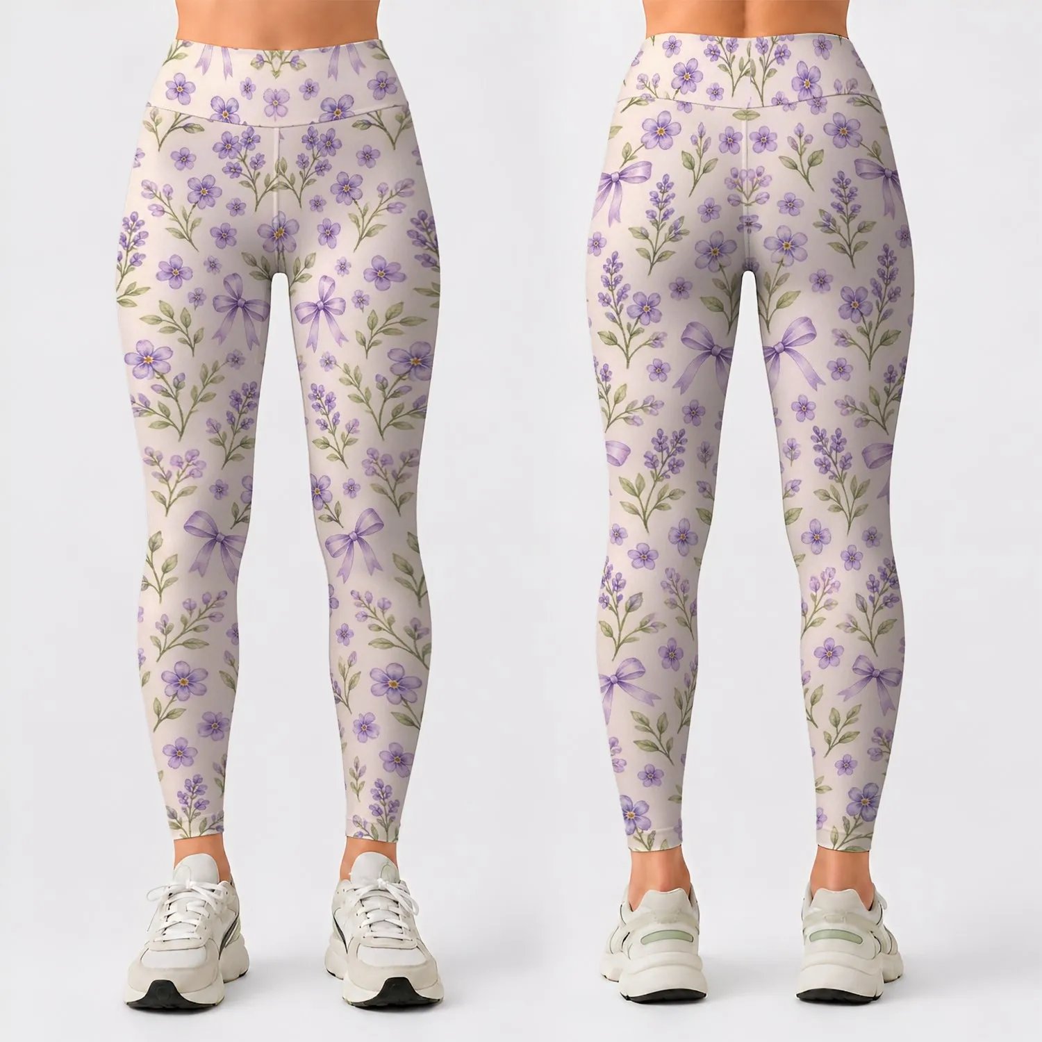 Lavender Bows And Tiny Blossoms For Spring Yoga And Everyday Wear Leggings - 1