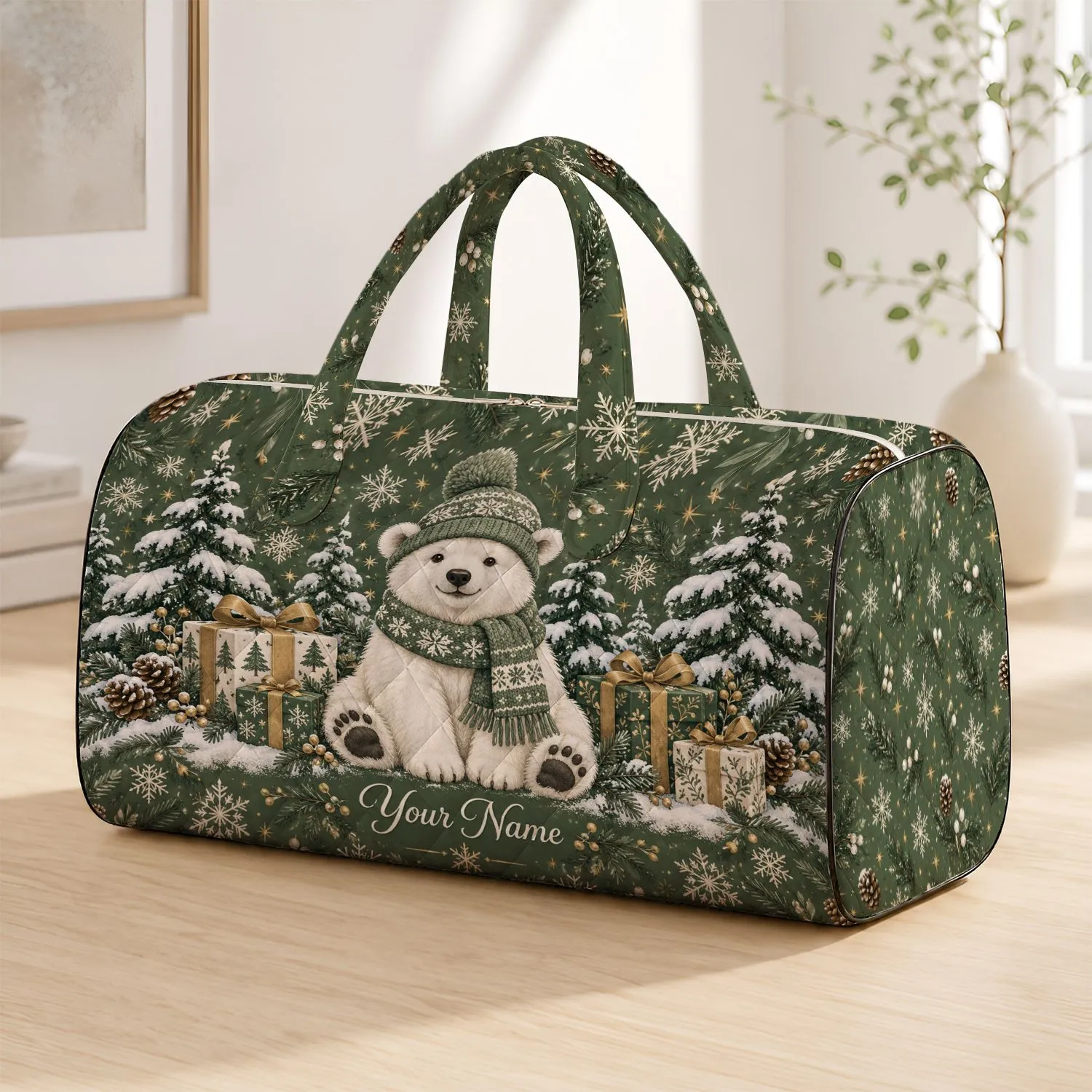 White Bear Among Snowy Pines and Gifts for Cozy Winter Holiday Getaways and Travel Quilted Weekend Bag - 1