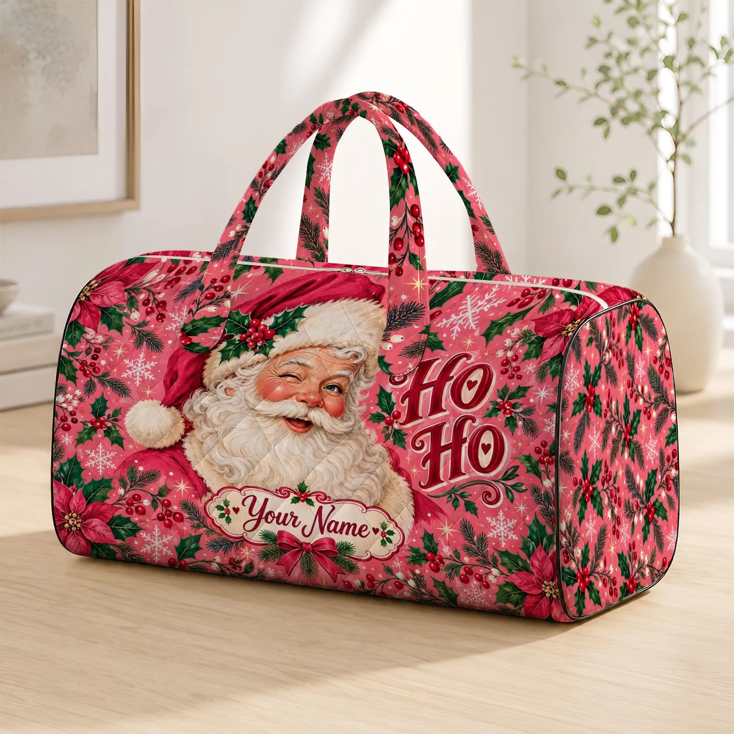 Pink Santa And Holly Holiday Cheer For Cozy Christmas Travel And Festive Getaways Quilted Weekend Bag - 1