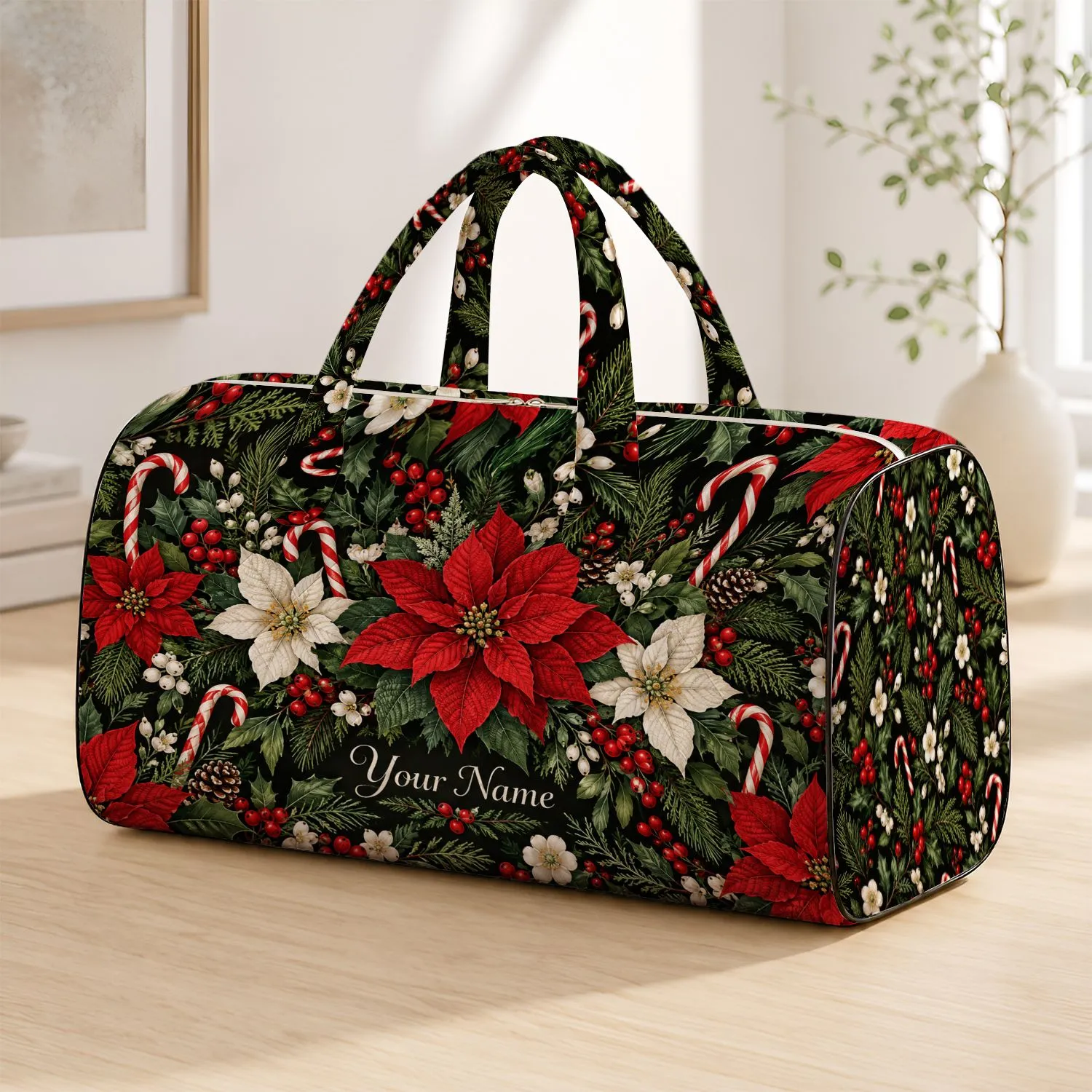 Red White Blossoms and Candy Canes for Festive Holiday Travel and Cozy Winter Getaways Quilted Weekend Bag - 1