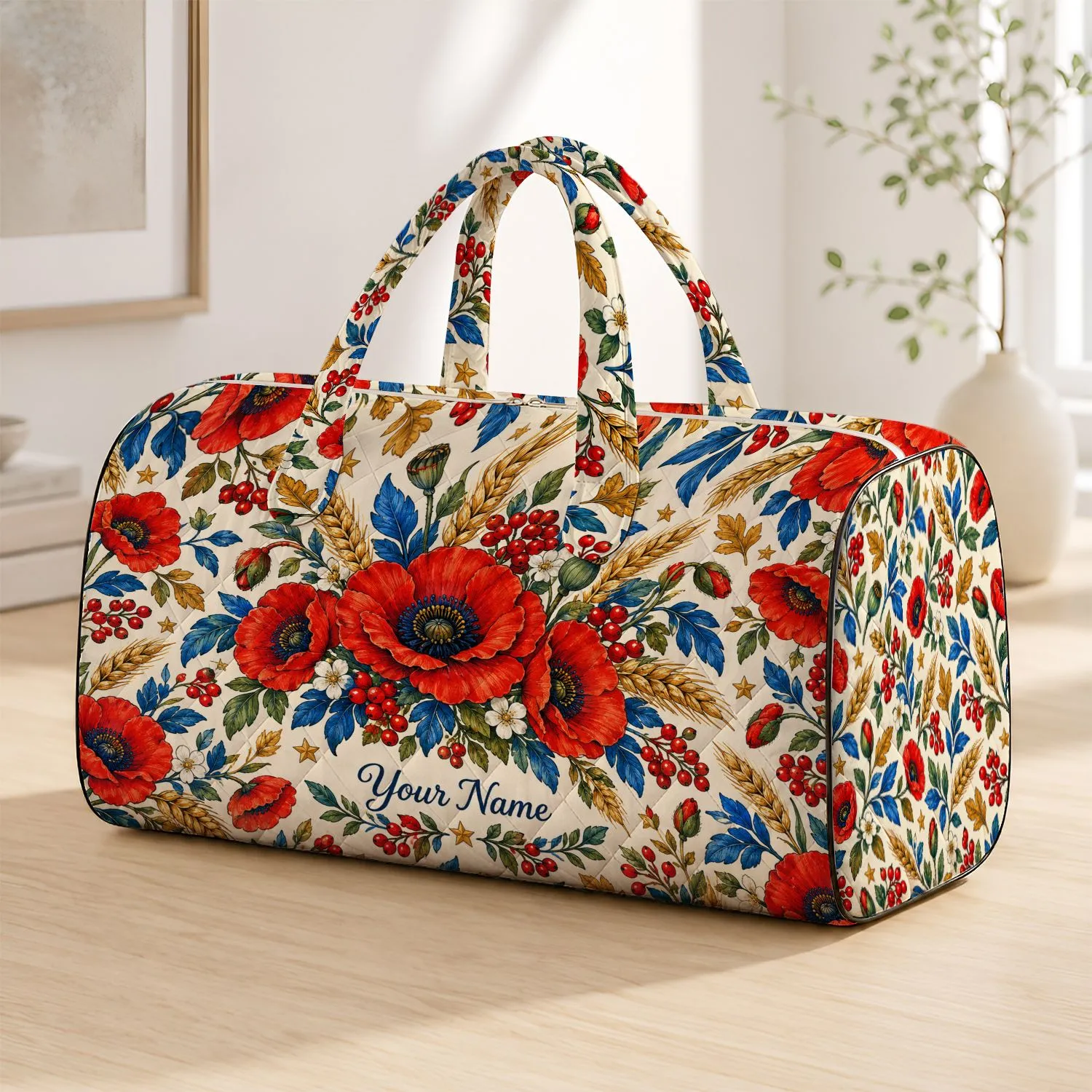 Red Poppy, Wheat and Berry Garden for Relaxed Weekend Getaways and Autumn Travel Quilted Weekend Bag - 1