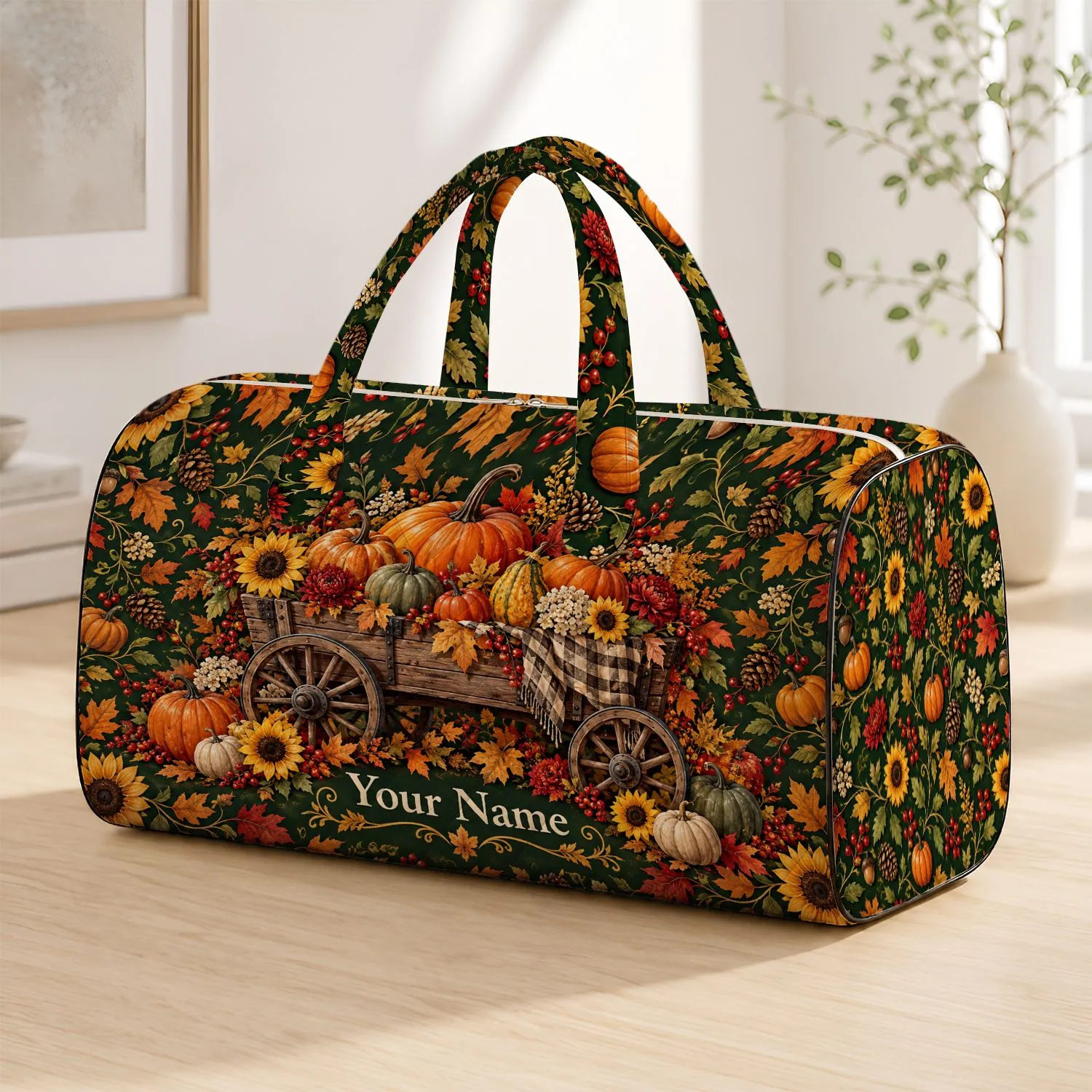 Autumn Pumpkin Wagon and Sunflower Harvest for Cozy Fall Getaways and Seasonal Travel Quilted Weekend Bag - 1