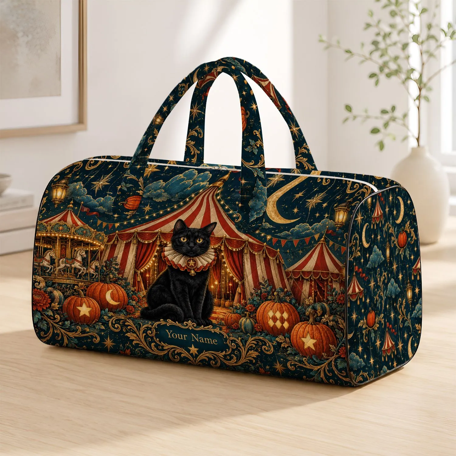 Vintage Night Circus Cat and Pumpkin Scene for Autumn Travel and Weekend Getaways Quilted Weekend Bag - 1