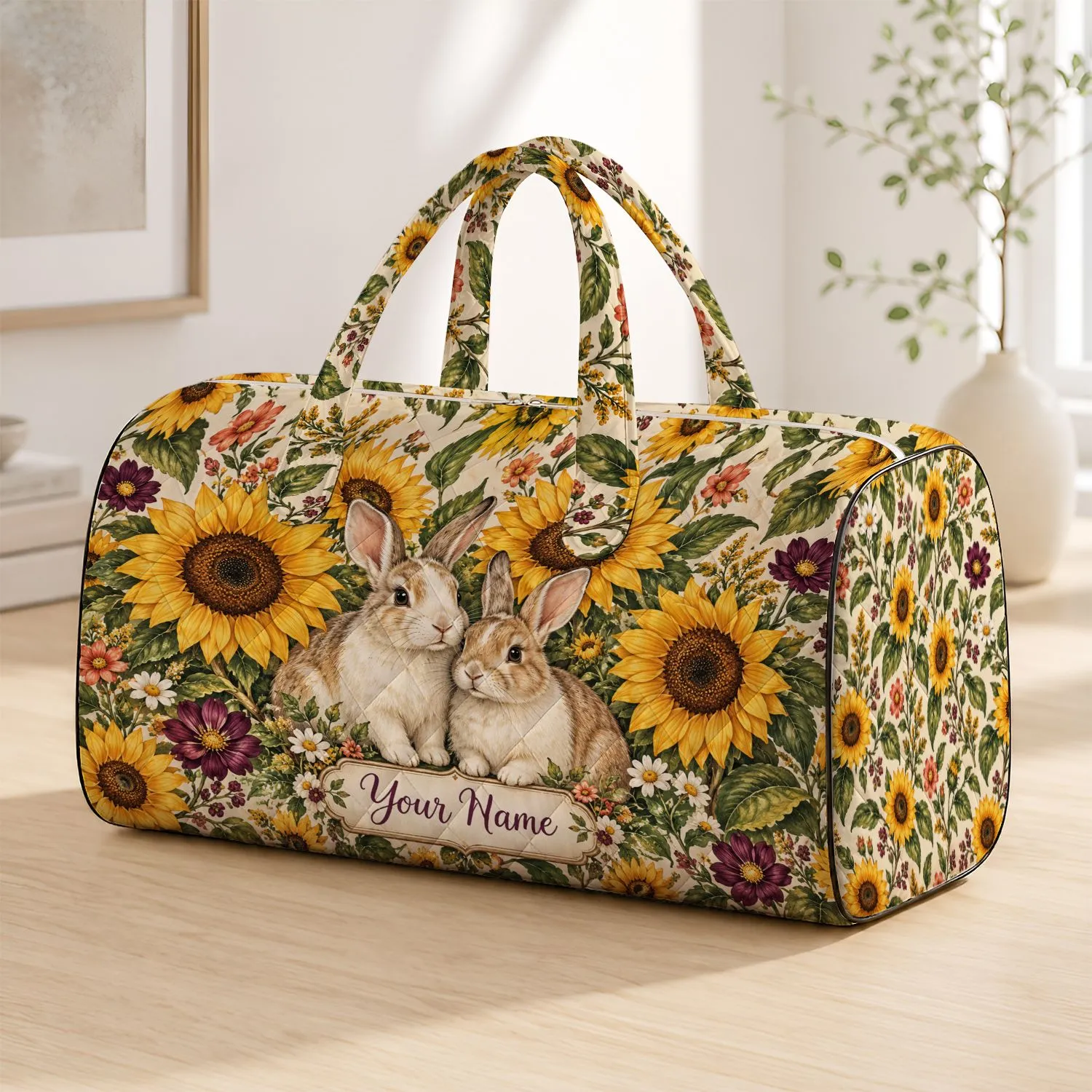 Sunflower Garden Rabbits for Relaxed Weekend Getaways and Nature-Loving Travelers Quilted Weekend Bag - 1