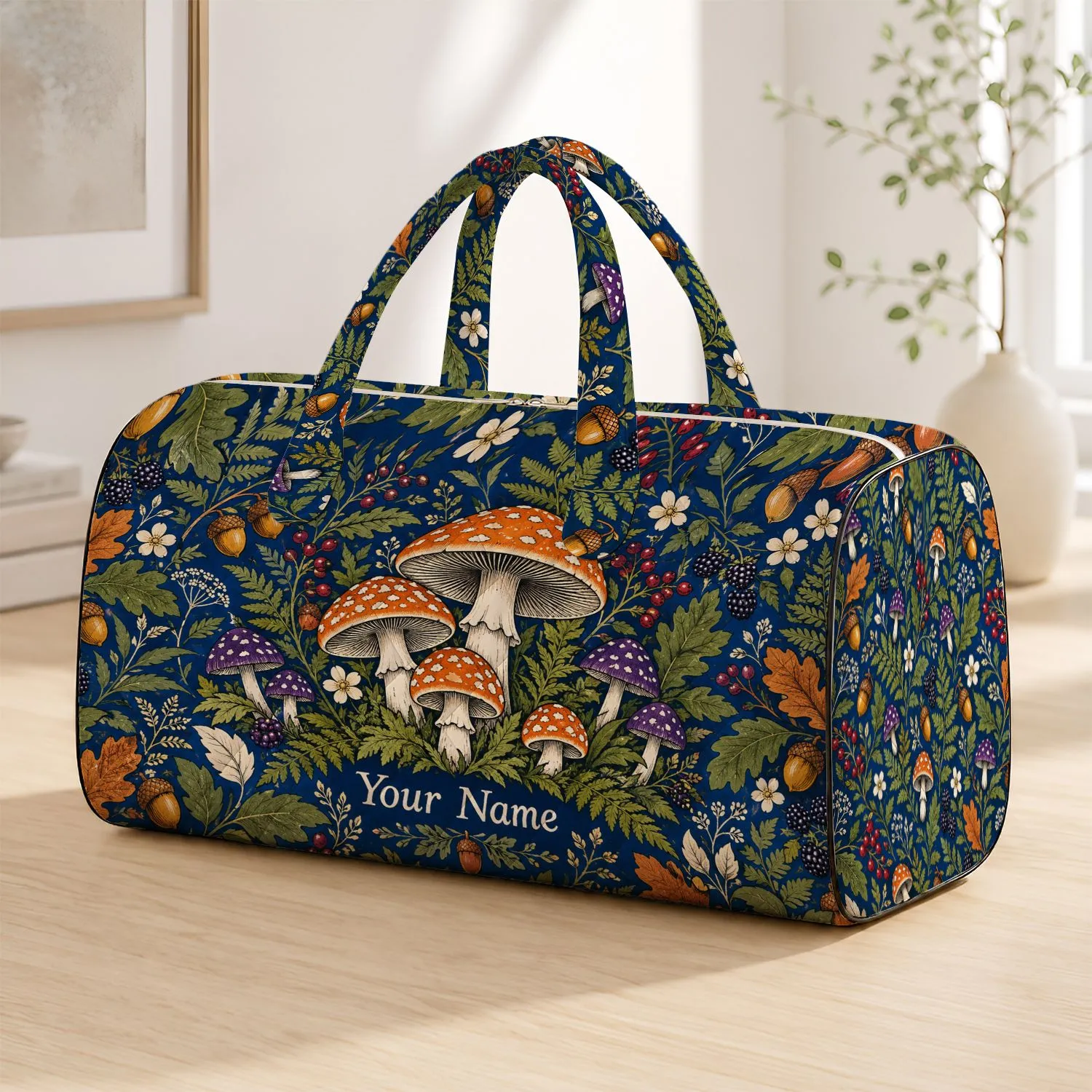 Woodland Mushrooms, Ferns and Berries for Cozy Autumn Getaways and Nature-Loving Travelers Quilted Weekend Bag - 1