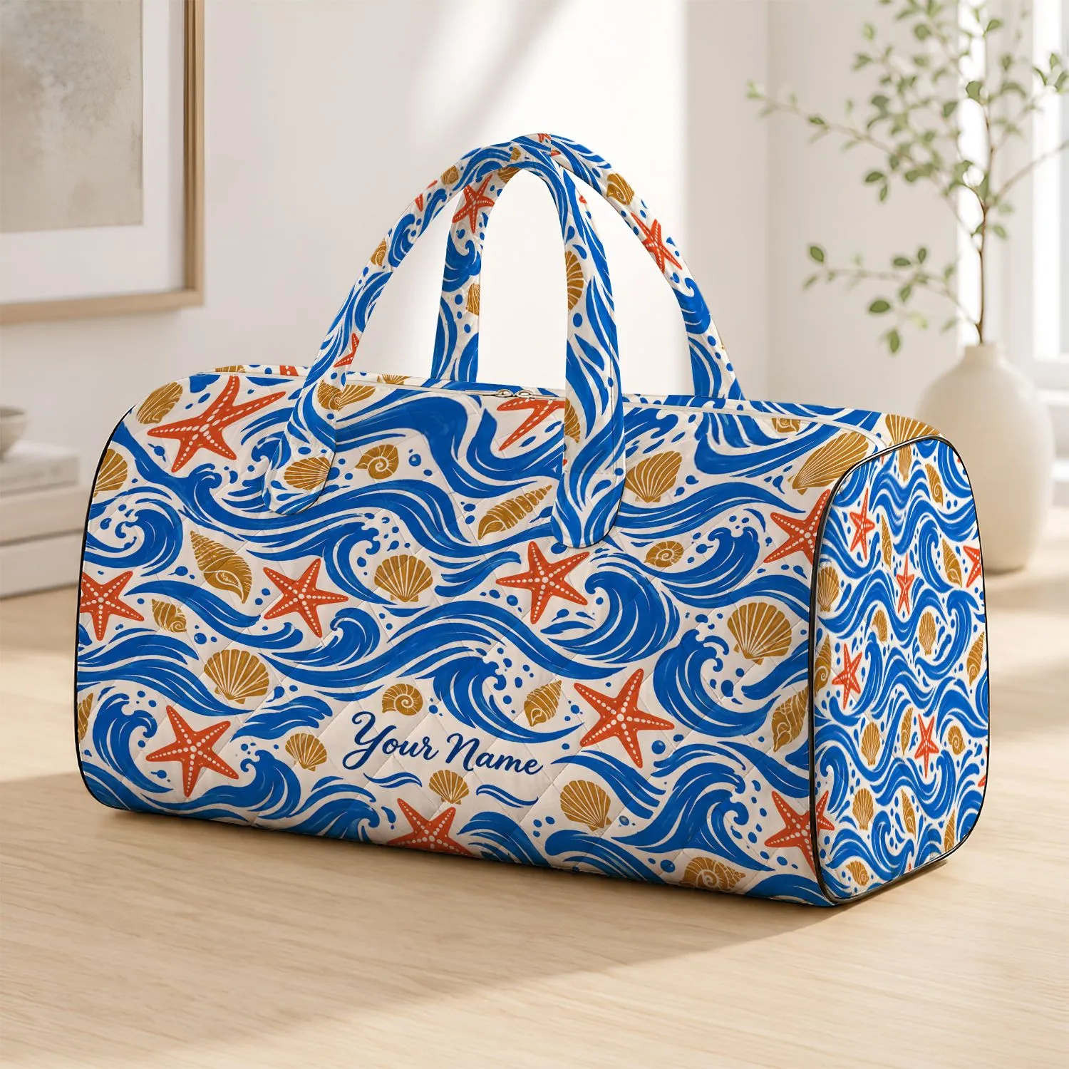 Cobalt Waves And Terracotta Starfish For Seaside Escapes And Coastal Travel Quilted Weekend Bag - 1