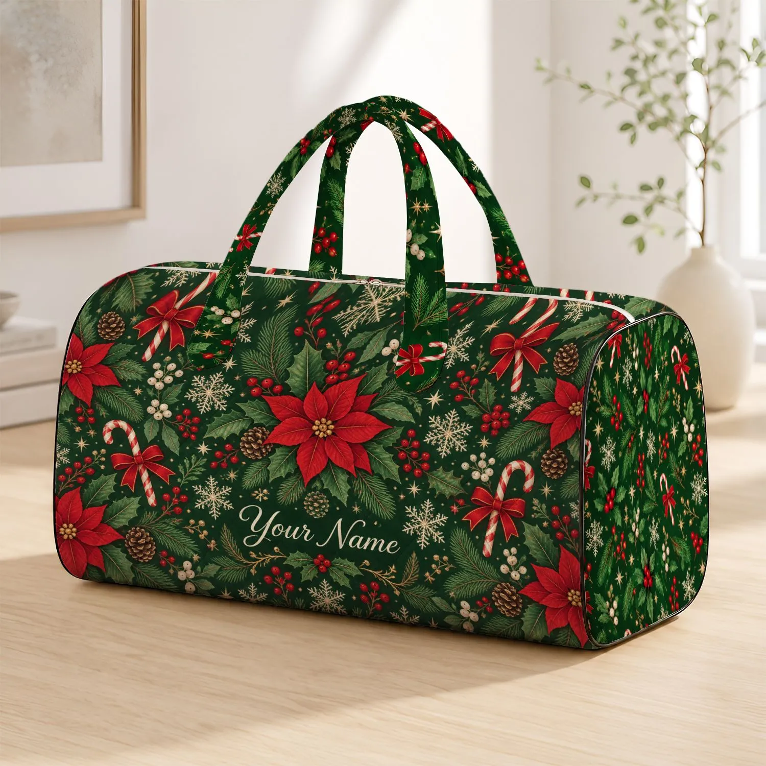 Holly Berry Candy Cane Christmas Botanicals for Festive Winter Getaways and Holiday Travel Quilted Weekend Bag - 1