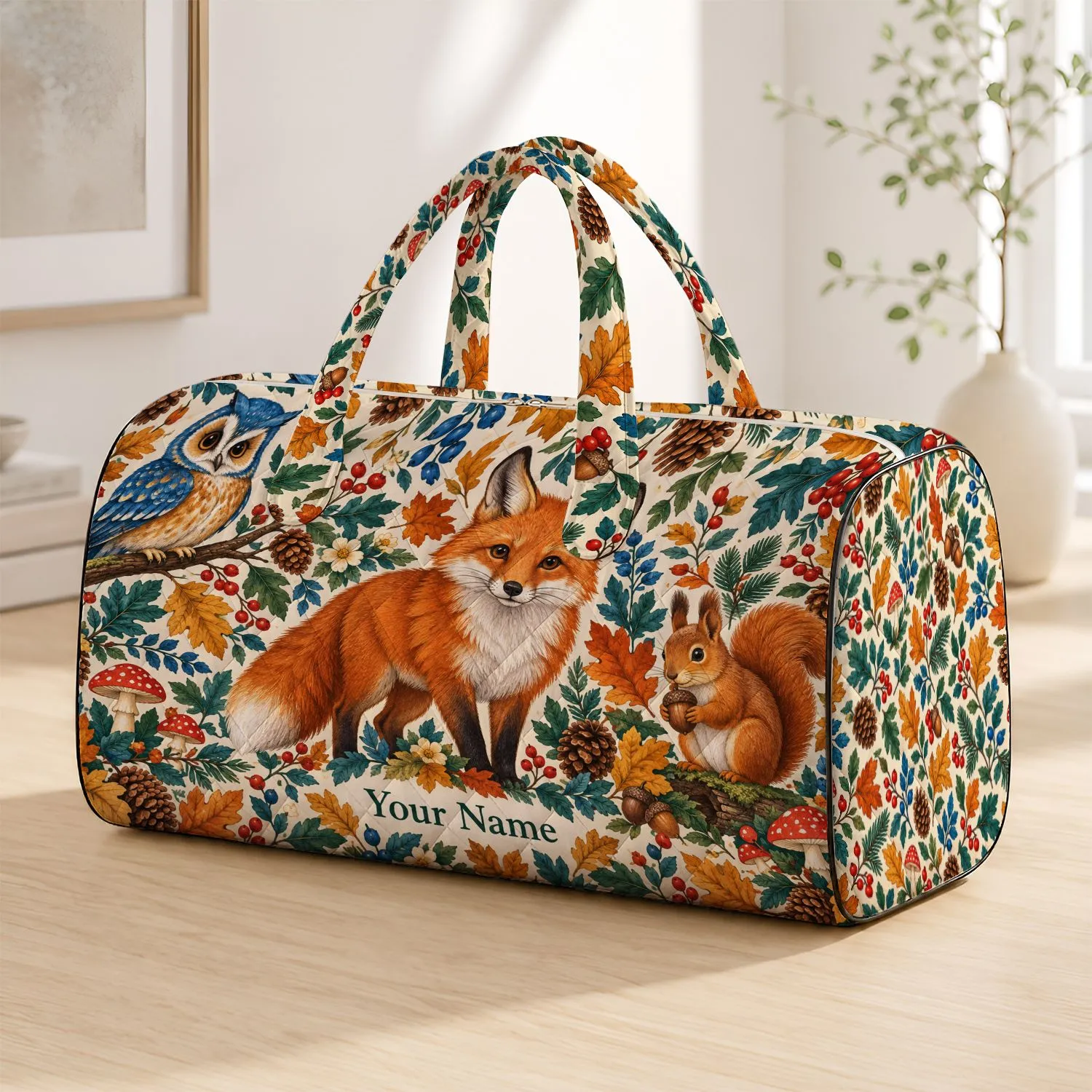 Autumn Woodland Animals with Owl Fox and Squirrel for Nature Lovers and Fall Getaways Quilted Weekend Bag - 1