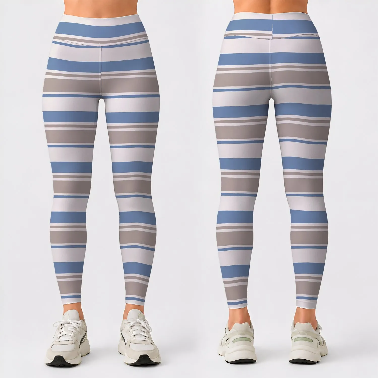 Blue And Taupe Stripes For Yoga, Pilates And Everyday Active Style For Relaxed Women Leggings - 1