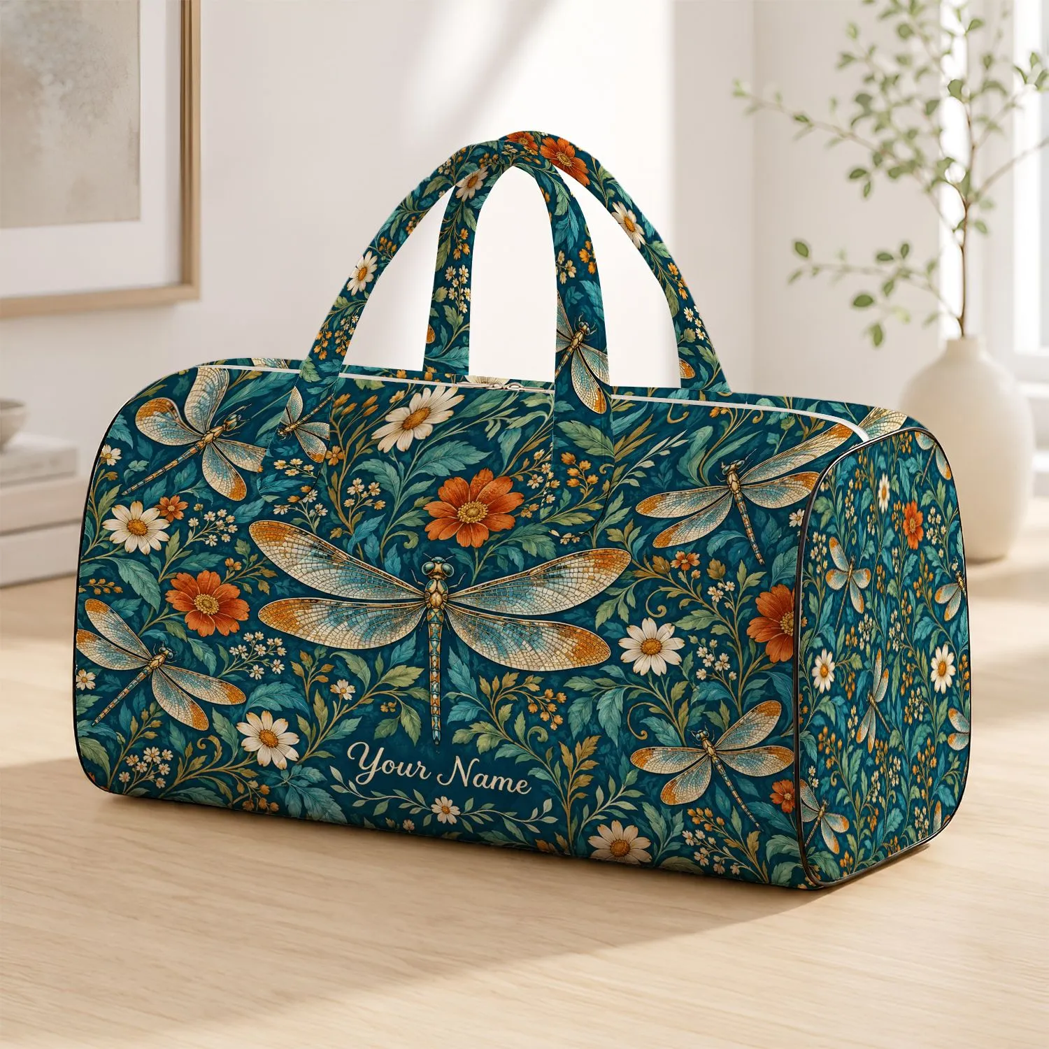 Teal Dragonflies And Wildflowers For Coastal Getaways, Beach Days And Summer Travel Quilted Weekend Bag - 1