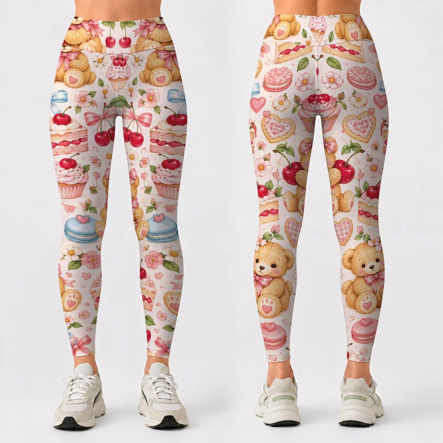 Pastel Teddy Bears And Cherry Cakes For Sweet Everyday Style Leggings - 1