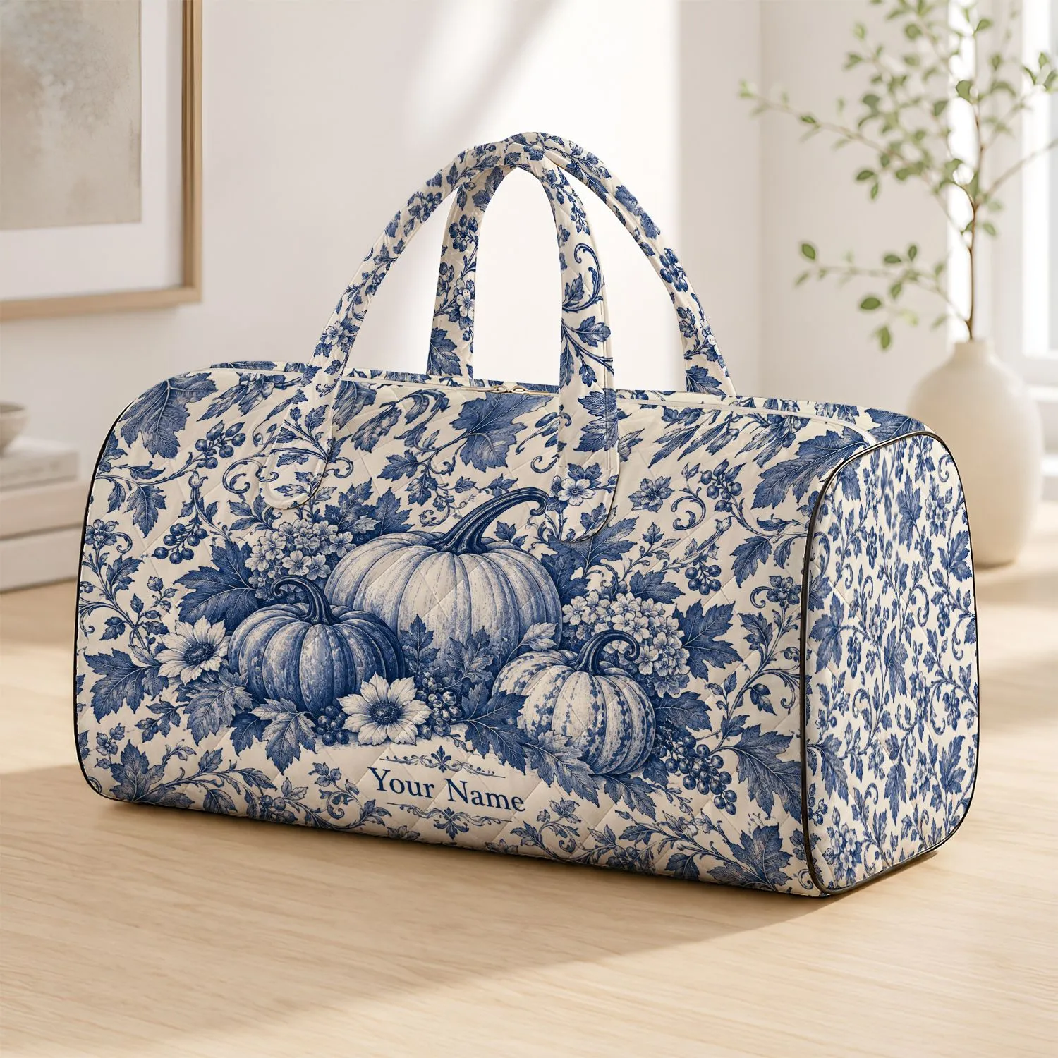 Blue-and-White Toile Pumpkins and Vines for Autumn Getaways and Cozy Fall Travel Quilted Weekend Bag - 1