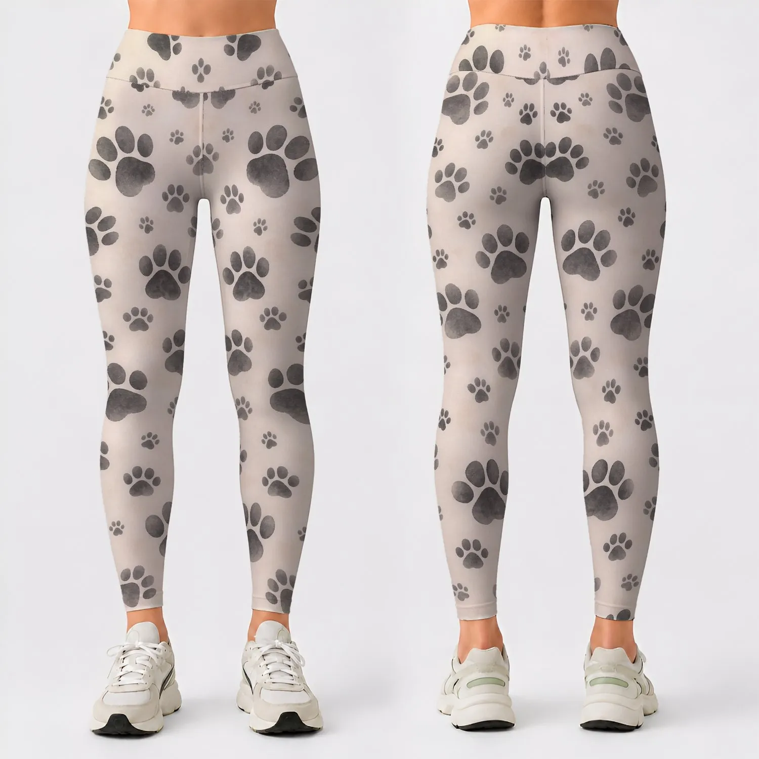 Charcoal Paw Prints on Ivory for Yoga, Pilates, and Everyday Casual Wear Leggings - 1
