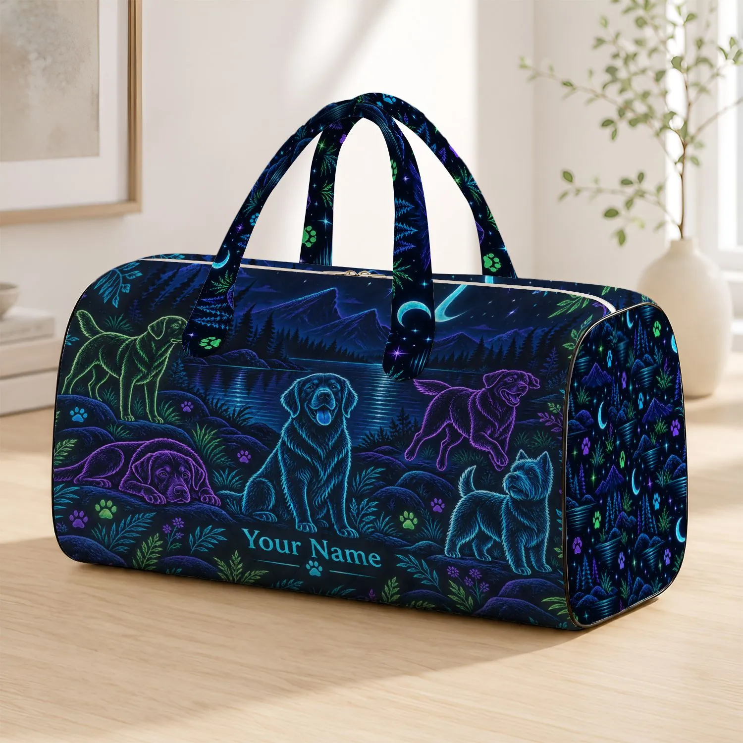 Neon Dog Sketches and Paw Prints for Twilight Lake Travel and Weekend Adventures Quilted Weekend Bag - 1