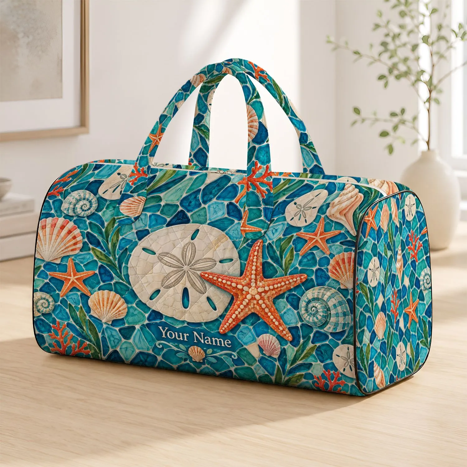 Aqua Sea Glass Shells and Coral Starfish for Poolside Escapes and Coastal Travel Quilted Weekend Bag - 1