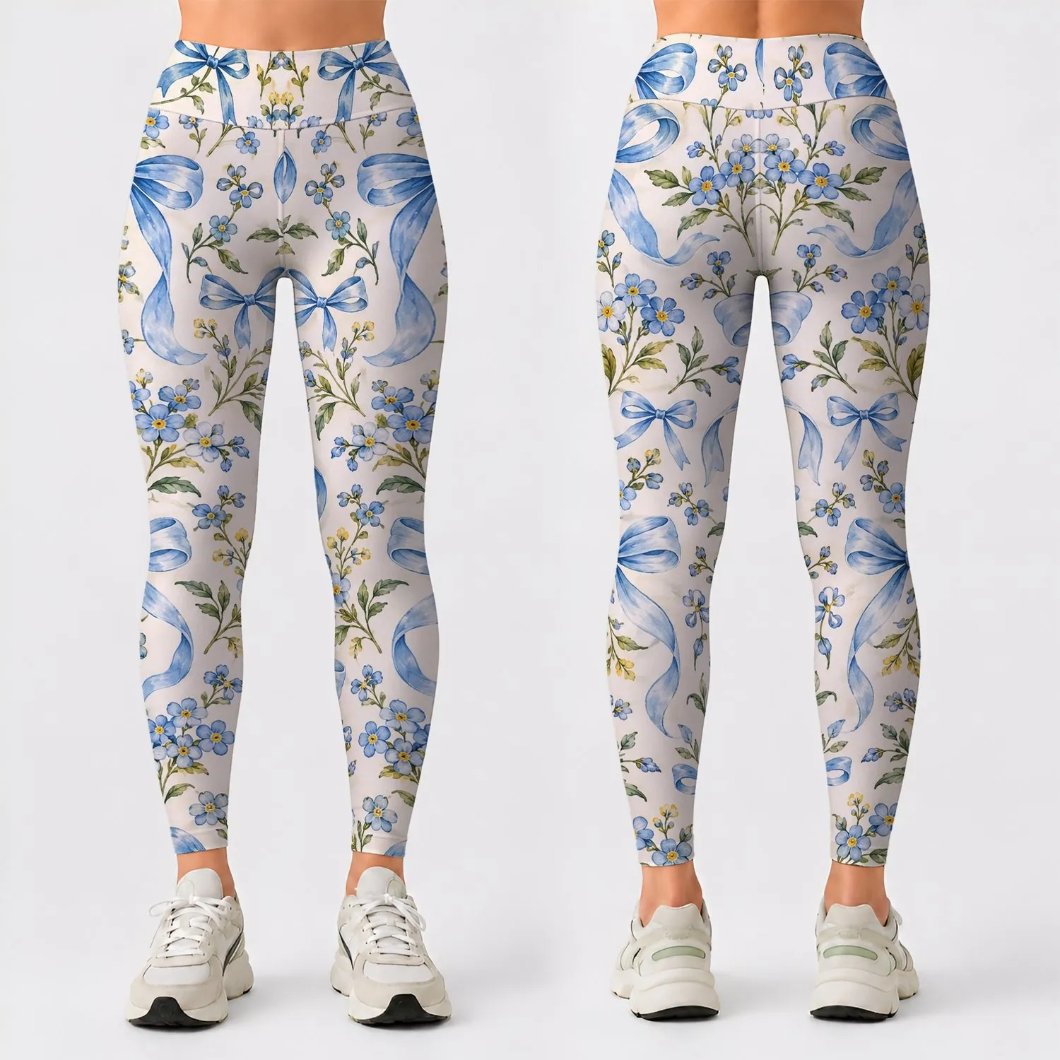 Blue Bow And Tiny Floral Motifs For Yoga, Pilates, And Everyday Outings Leggings - 1