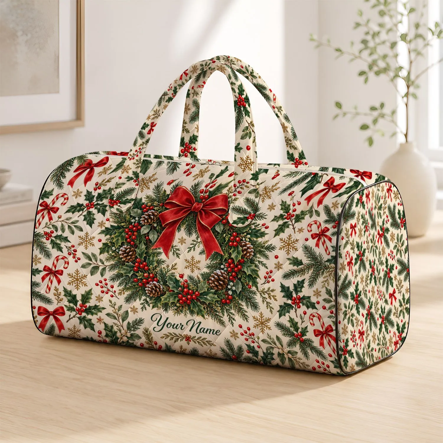 Evergreen Wreaths And Holly For Cozy Christmas Getaways And Festive Winter Travel Quilted Weekend Bag - 1