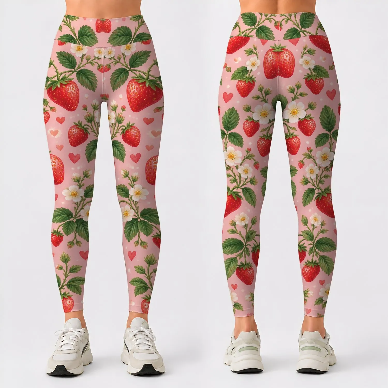 Sweet Strawberry Hearts and Daisies for Yoga, Pilates, and Everyday Casual Wear Leggings - 1
