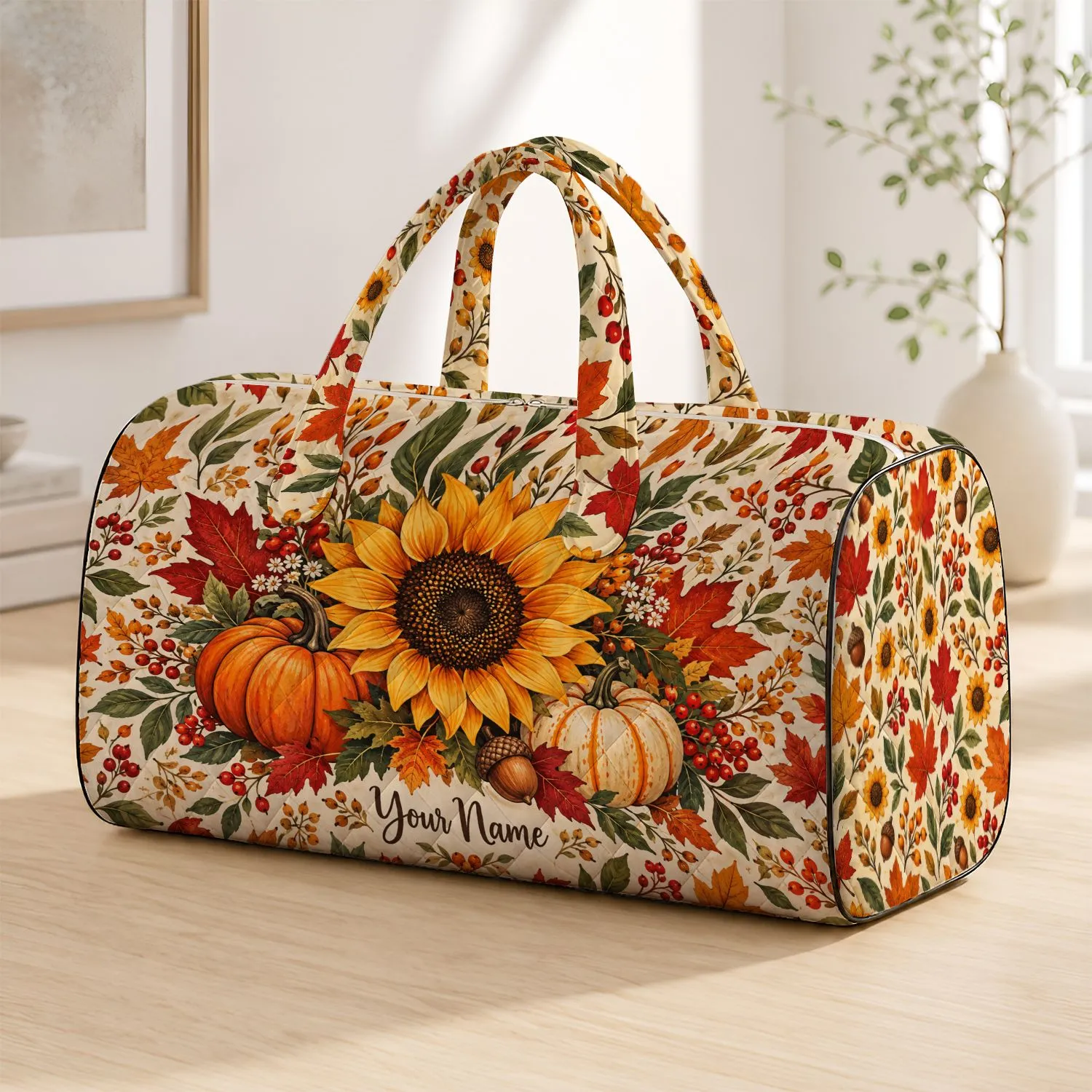 Golden Sunflower, Pumpkin And Maple Leaf Autumn Harvest For Cozy Fall Travel Getaways Quilted Weekend Bag - 1