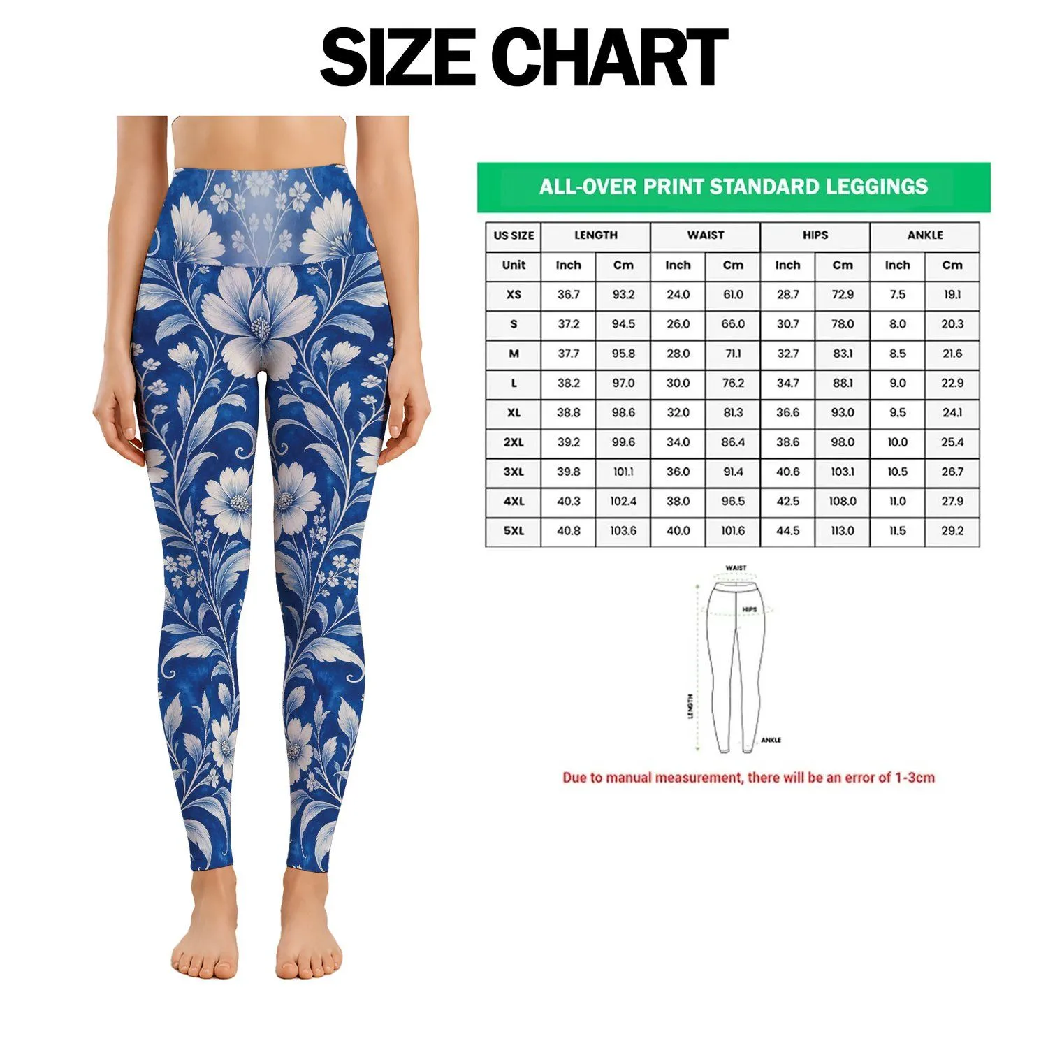 Ivory Wildflower Vines on Cobalt Blue for Yoga, Pilates and Everyday Wear Leggings - 1