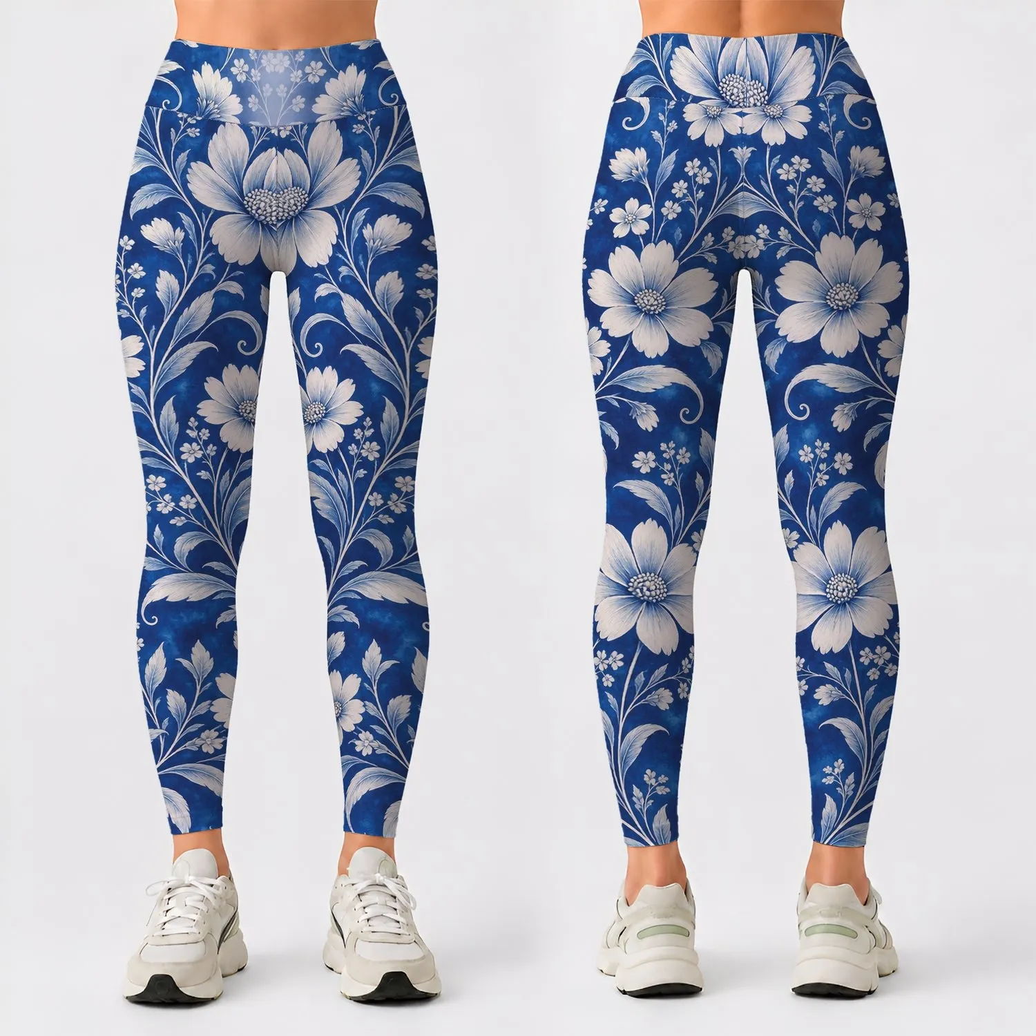 Ivory Wildflower Vines on Cobalt Blue for Yoga, Pilates and Everyday Wear Leggings - 1