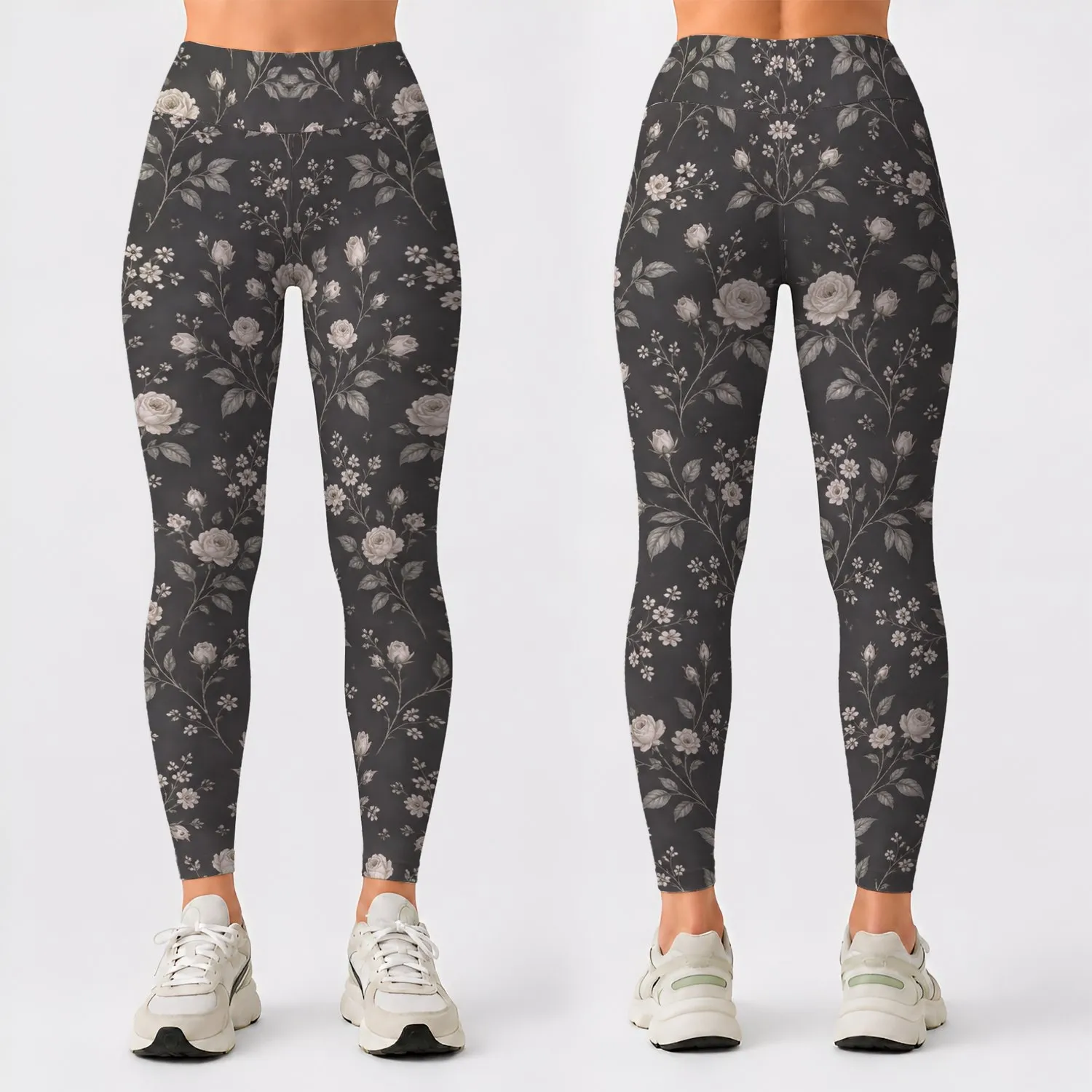 Ivory Rose Sprigs on Charcoal for Yoga, Pilates and Everyday Casual Wear Leggings - 1