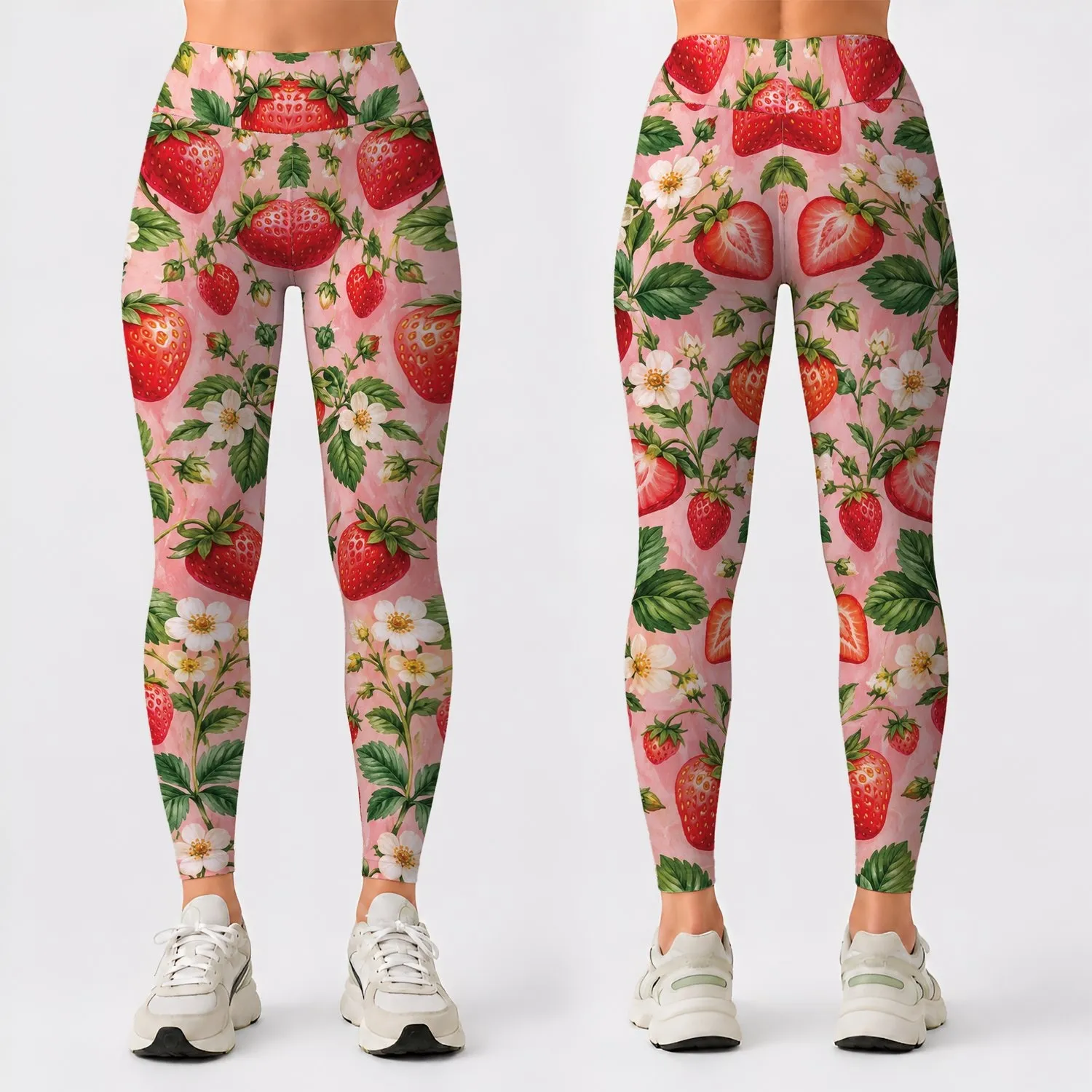 Blush Strawberry And Daisy Motifs For Yoga Pilates And Everyday Wear Leggings - 1