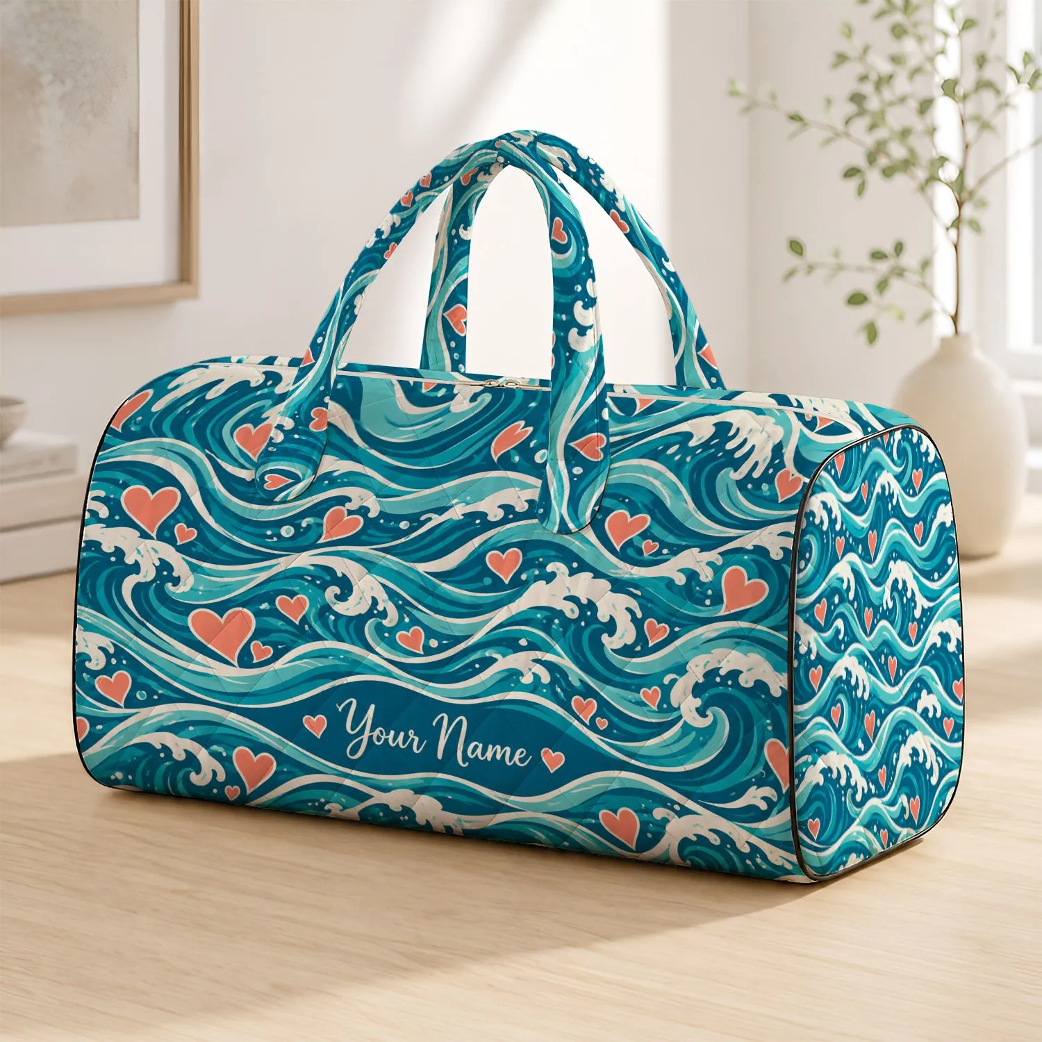 Teal Ocean Waves and Coral Hearts for Beach Days, Coastal Travel, and Summer Getaways Quilted Weekend Bag - 1